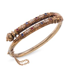 Etruscan Revival High Karat Yellow Gold Ruby & Sapphire and Pearl Bracelet