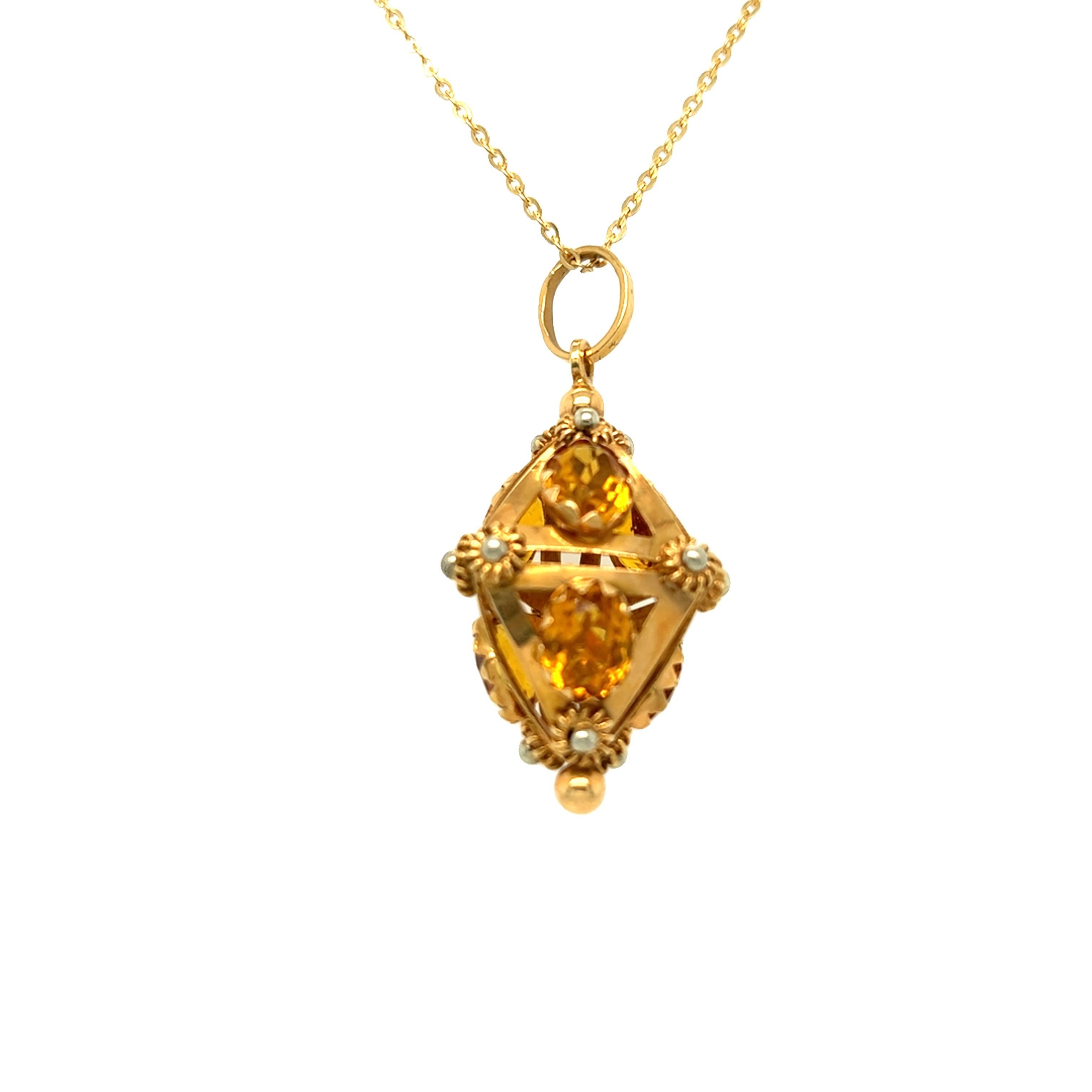 Oval Cut Etruscan Revival Lantern Fob Citrine Pendant 18k Yellow Gold For Sale