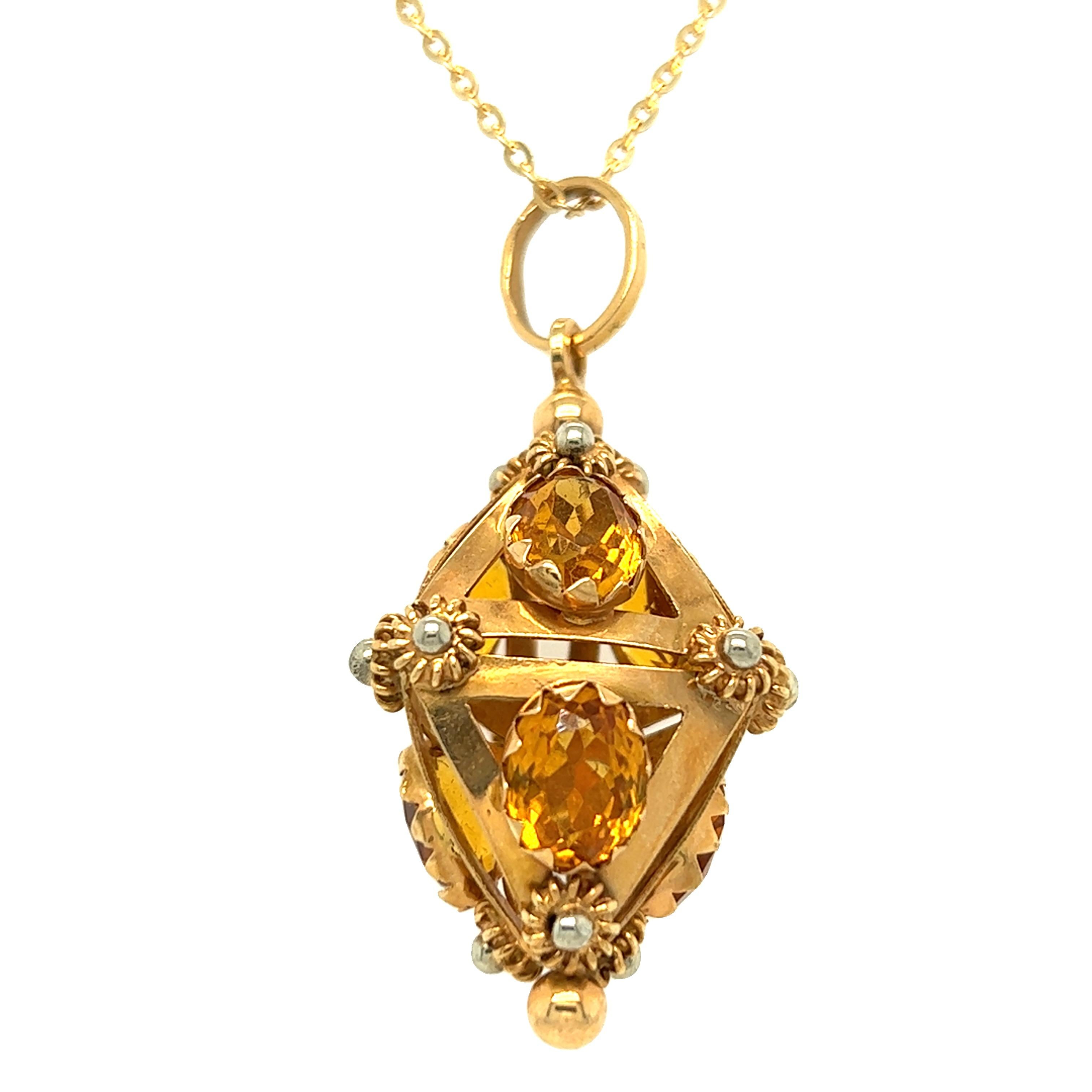 Etruscan Revival Lantern Fob Citrine Pendant 18k Yellow Gold In Excellent Condition For Sale In beverly hills, CA