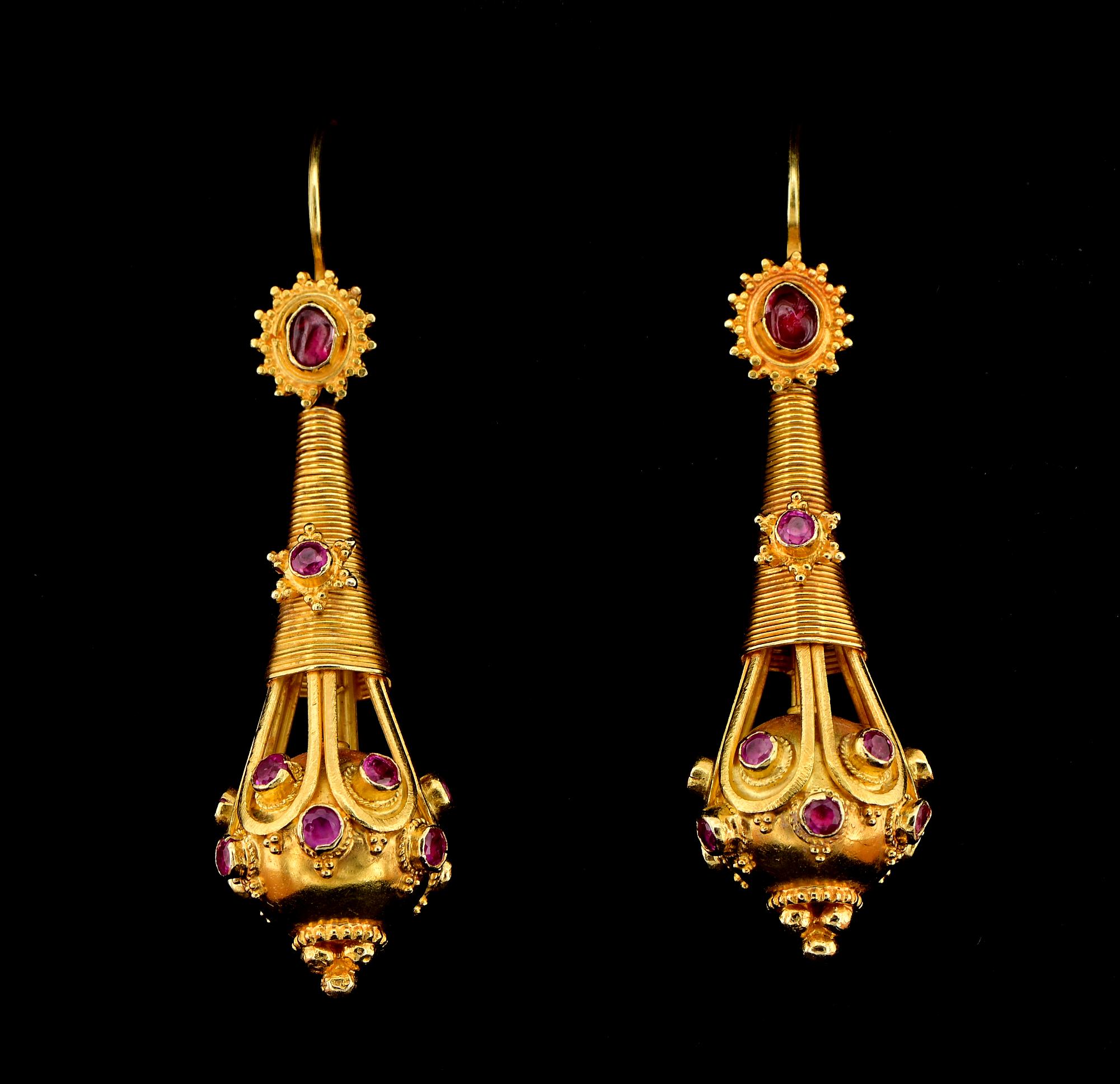 Journey to the Past
A spectacular pair of 19th Century Etruscan Revival earrings, 1860 ca
They boast the magnificent workmanship of the era, solid 18 KT gold substantial weight of 15.8 grams – so not much delicate to wear as can be the more common