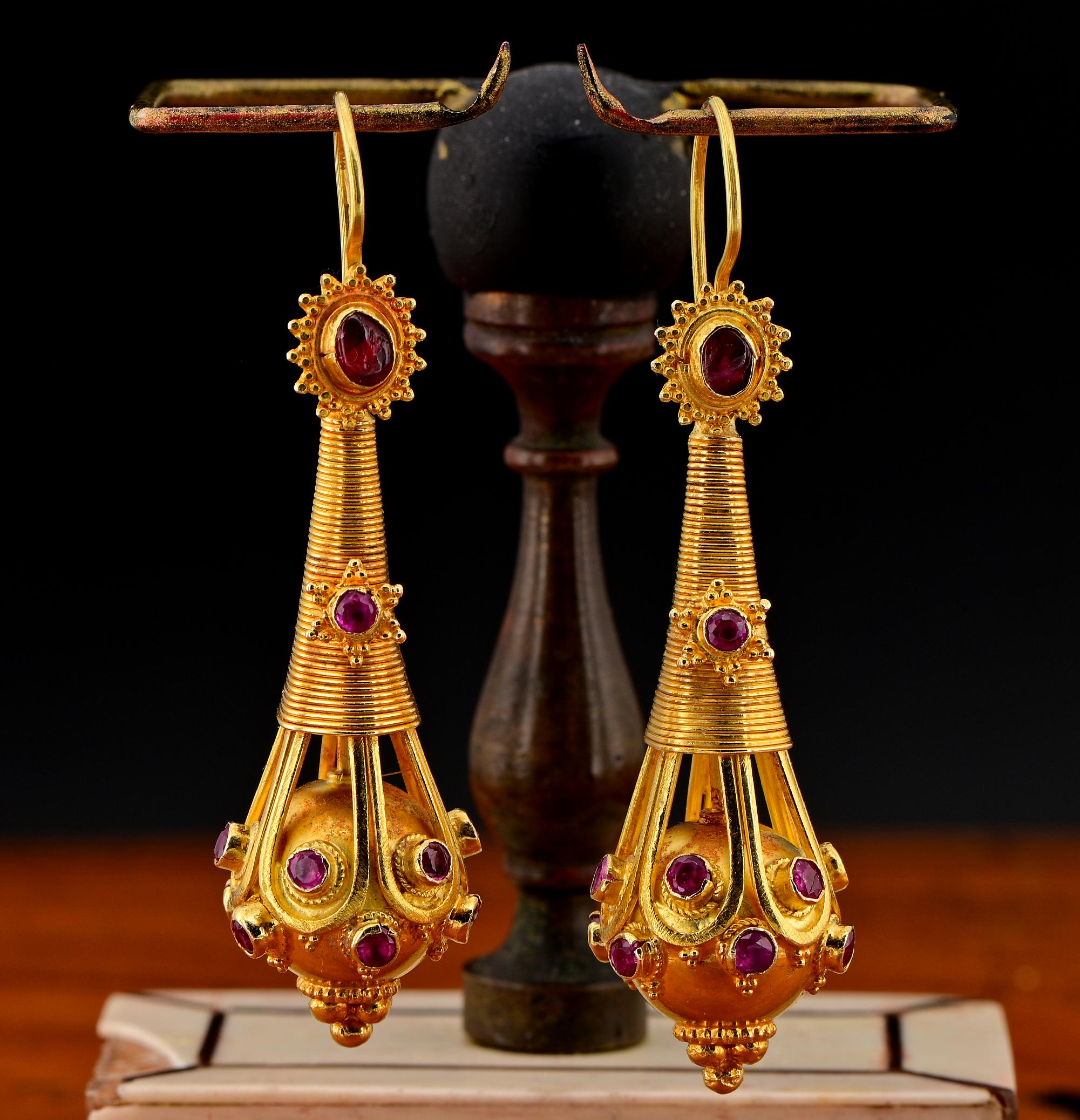 Cabochon Etruscan Revival Natural Ruby 18 KT Gold long drop Earrings For Sale
