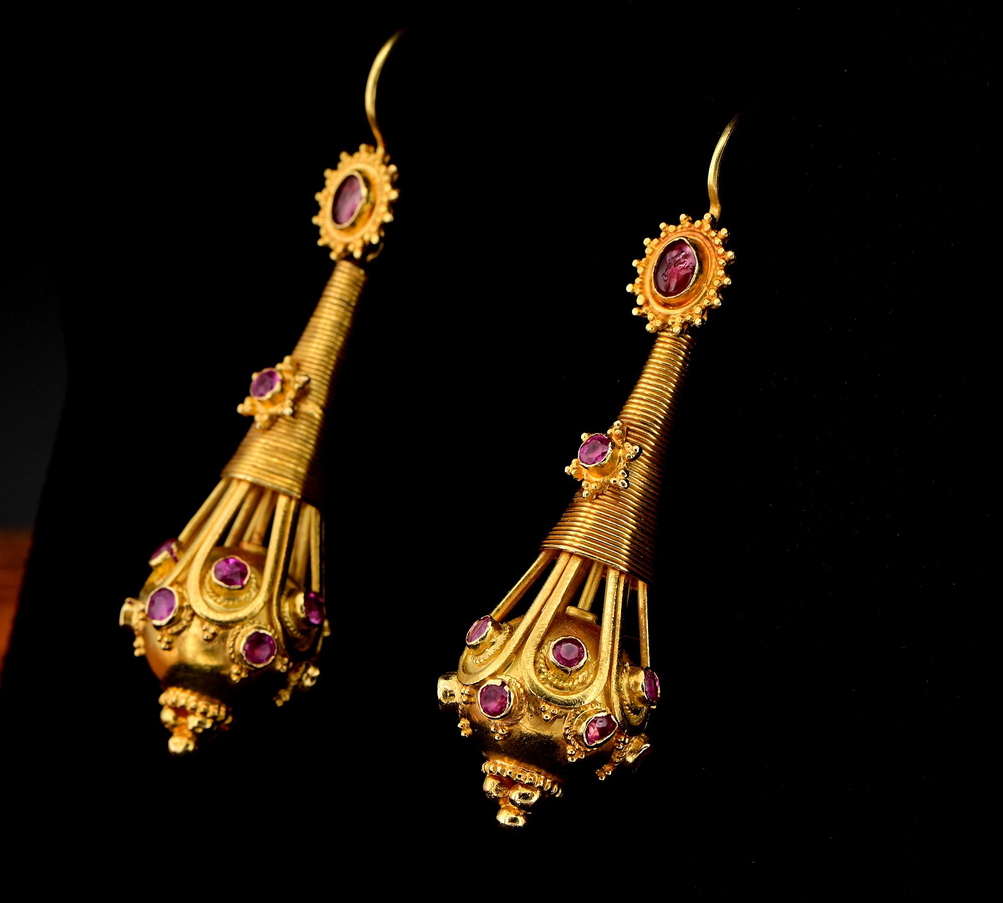 Women's Etruscan Revival Natural Ruby 18 KT Gold long drop Earrings For Sale