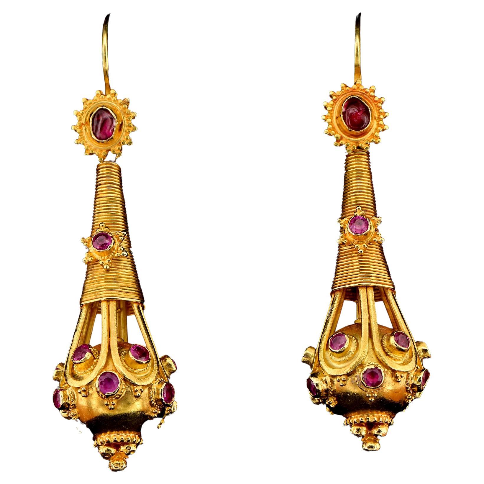 Etruscan Revival Natural Ruby 18 KT Gold long drop Earrings For Sale