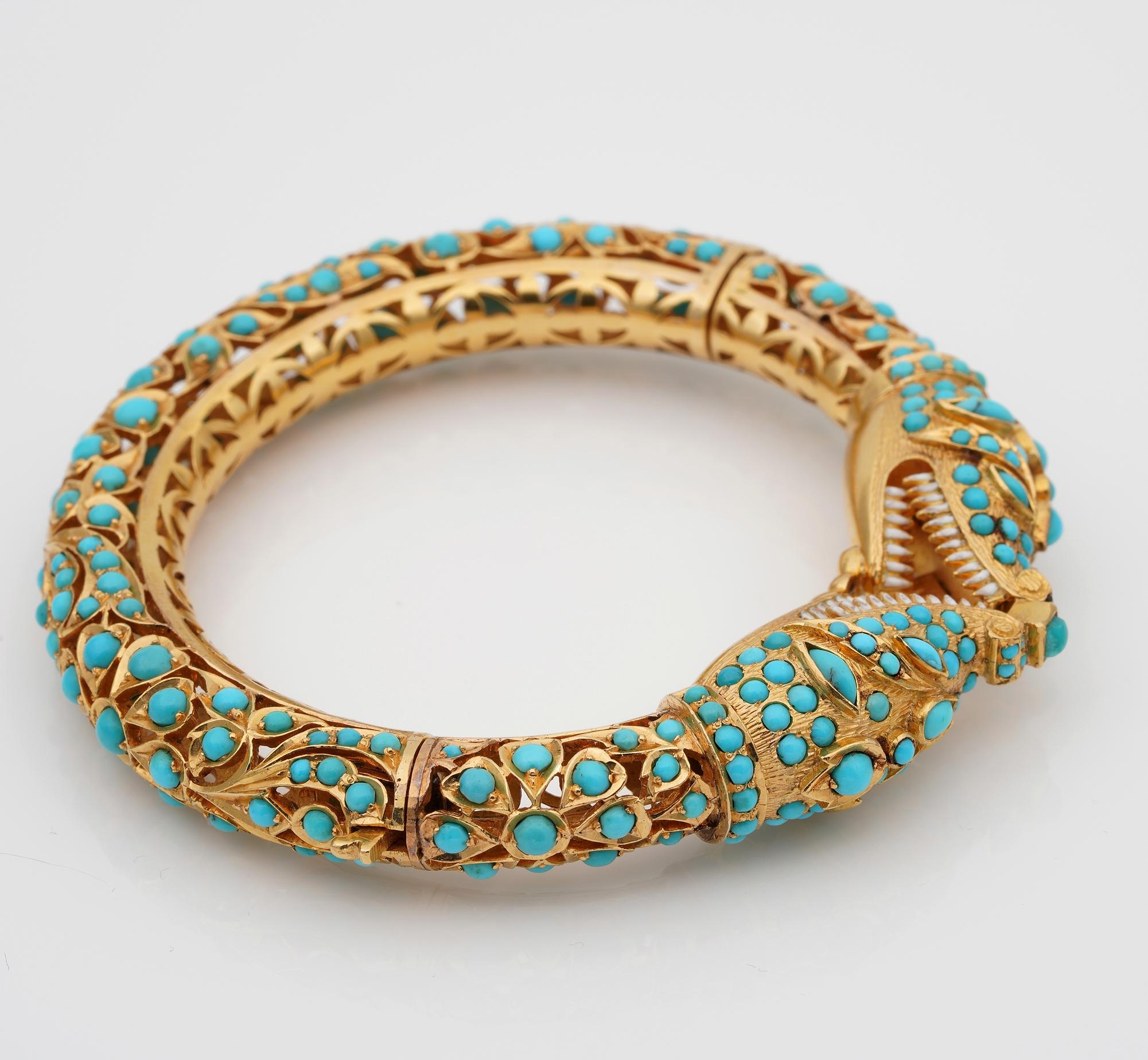 Cabochon Etruscan Revival Persian Turquoise Snake Bangle 74 Grams 14 Karat Bangle For Sale