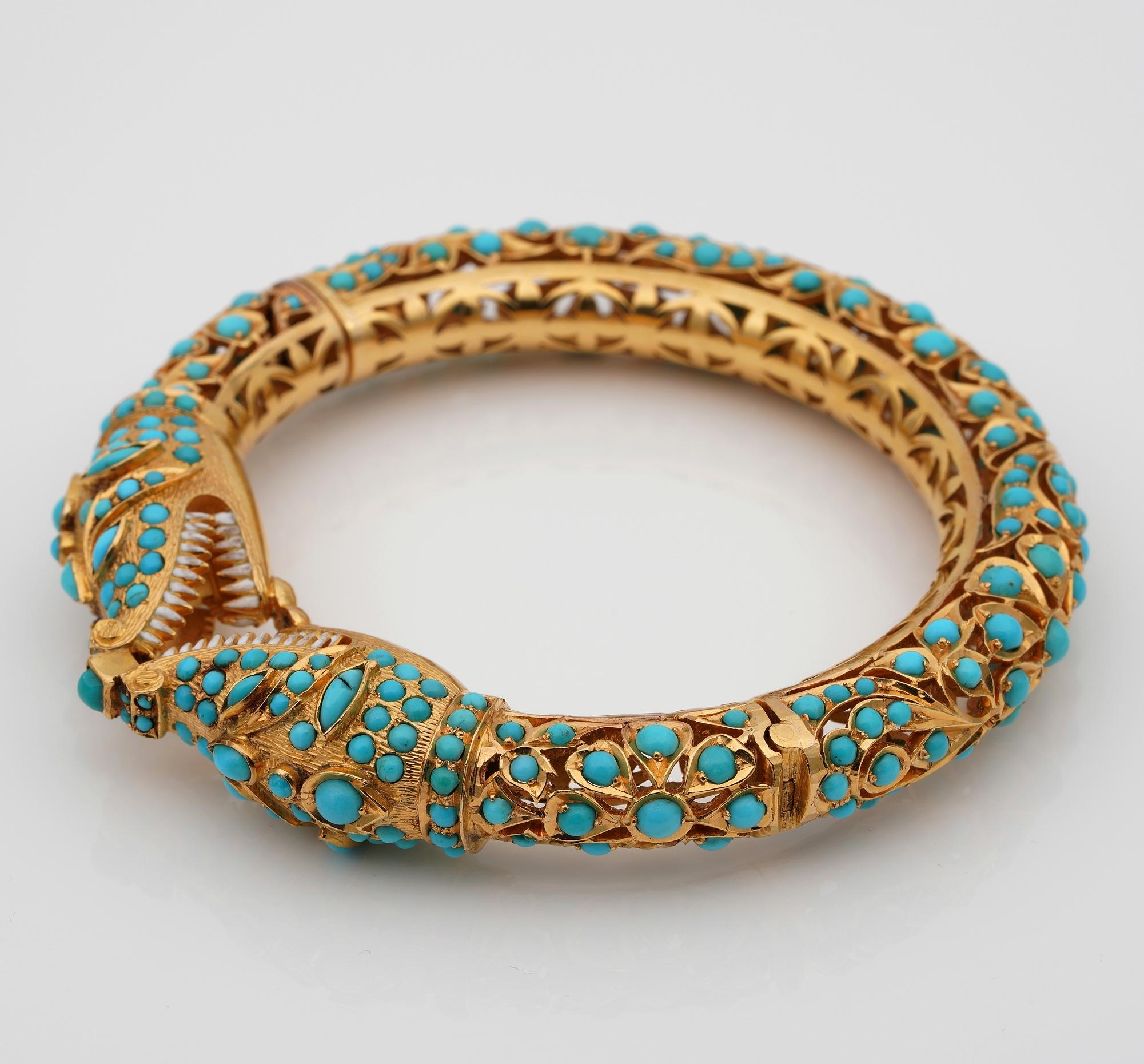 Women's Etruscan Revival Persian Turquoise Snake Bangle 74 Grams 14 Karat Bangle For Sale