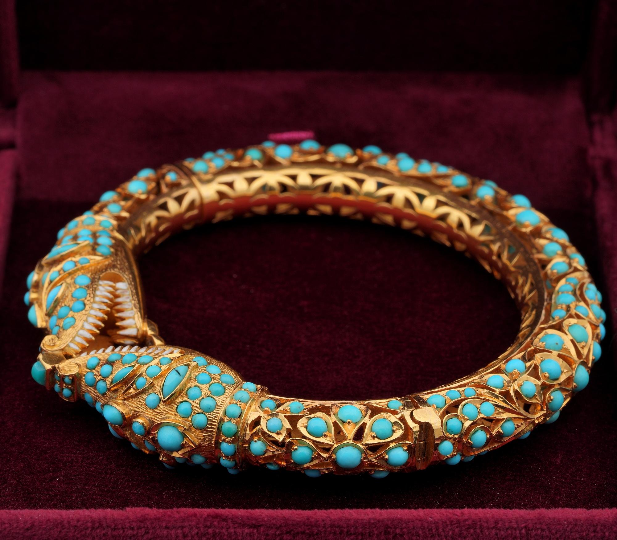 Etruscan Revival Persian Turquoise Snake Bangle 74 Grams 14 Karat Bangle For Sale 1