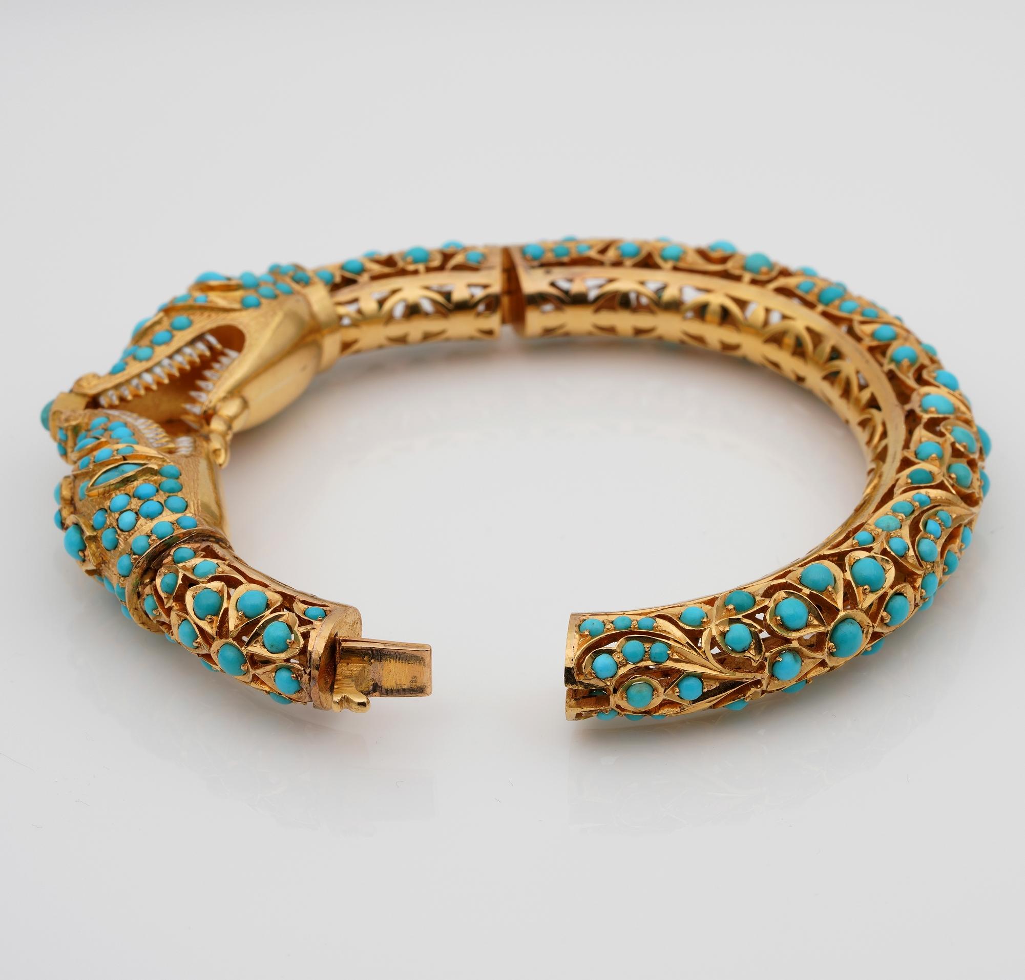 Etruscan Revival Persian Turquoise Snake Bangle 74 Grams 14 Karat Bangle For Sale 2