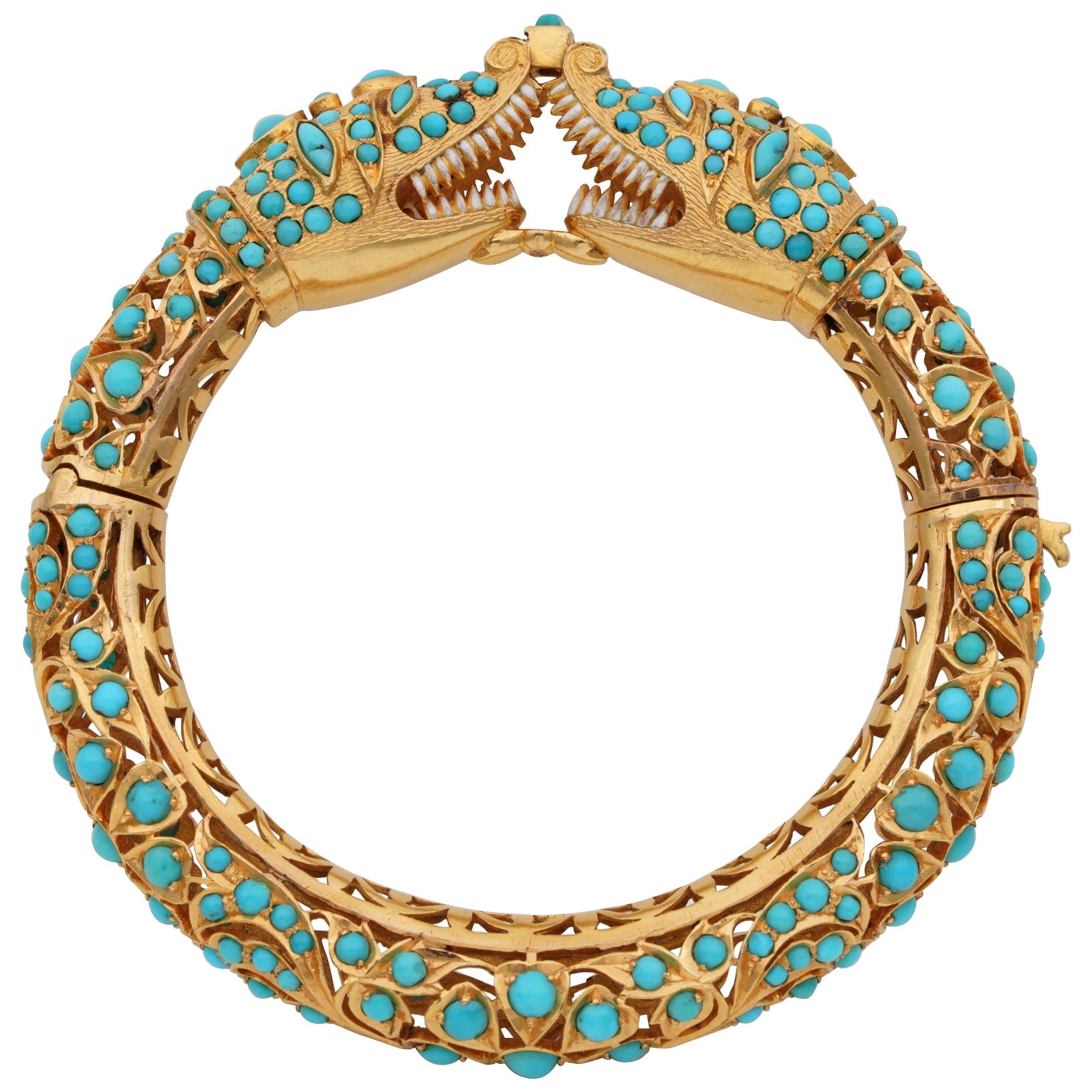 Etruscan Revival Persian Turquoise Snake Bangle 74 Grams 14 Karat Bangle For Sale