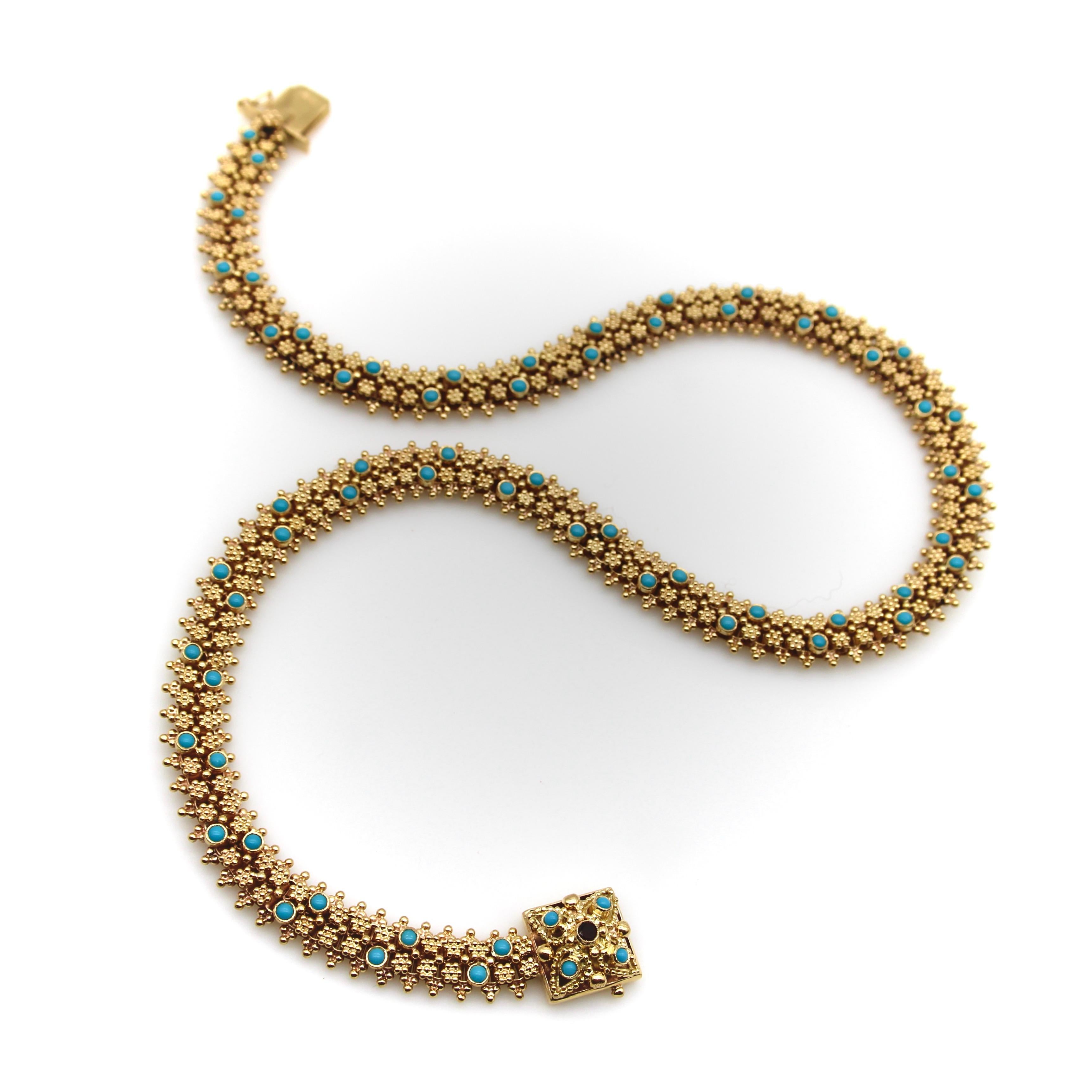 Etruscan Revival Portuguese Cannetille 19.2K Gold & Turquoise Necklace For Sale 2