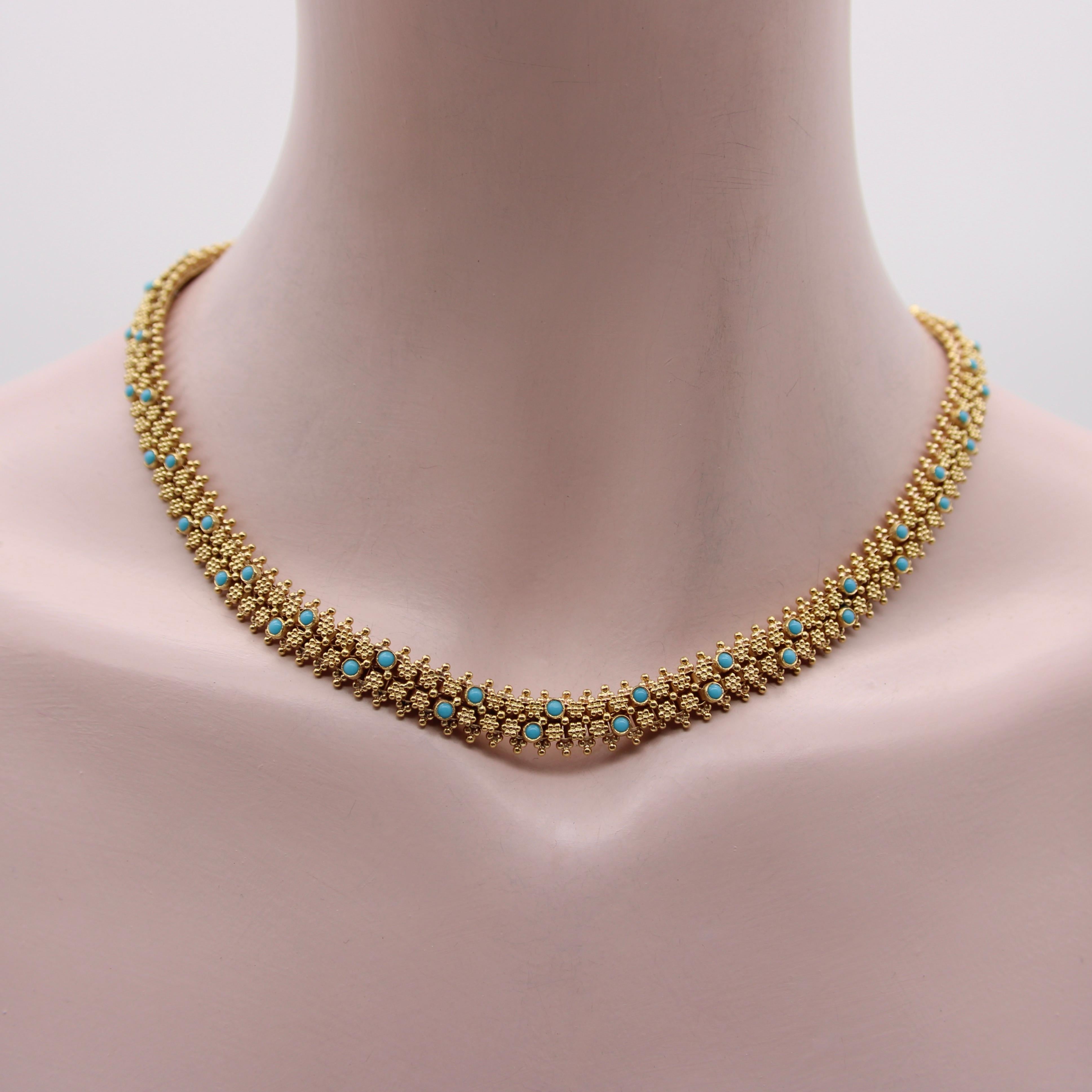 Cabochon Etruscan Revival Portuguese Cannetille 19.2K Gold & Turquoise Necklace For Sale