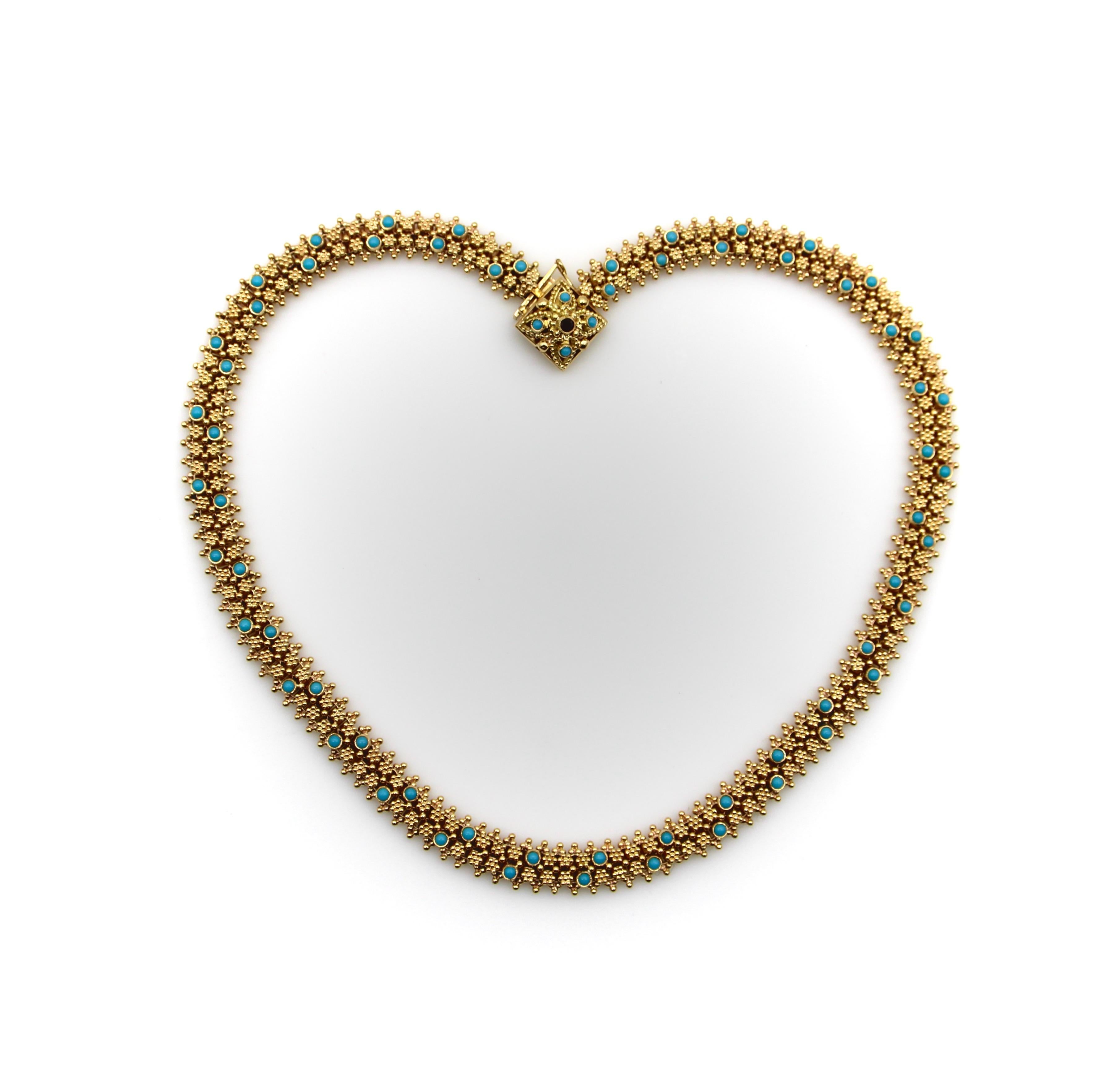 Etruscan Revival Portuguese Cannetille 19.2K Gold & Turquoise Necklace In Good Condition For Sale In Venice, CA