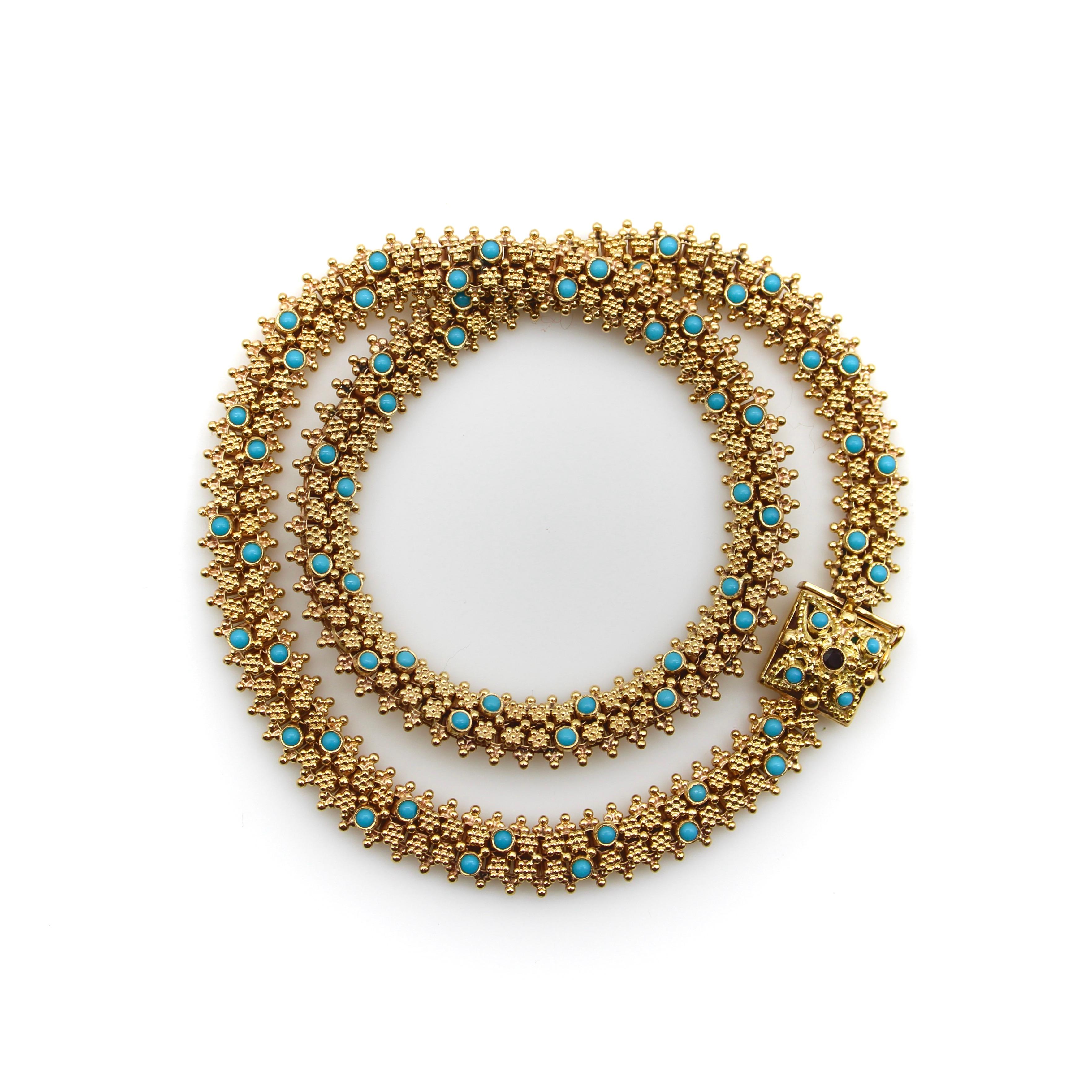 Etruscan Revival Portuguese Cannetille 19.2K Gold & Turquoise Necklace For Sale 1