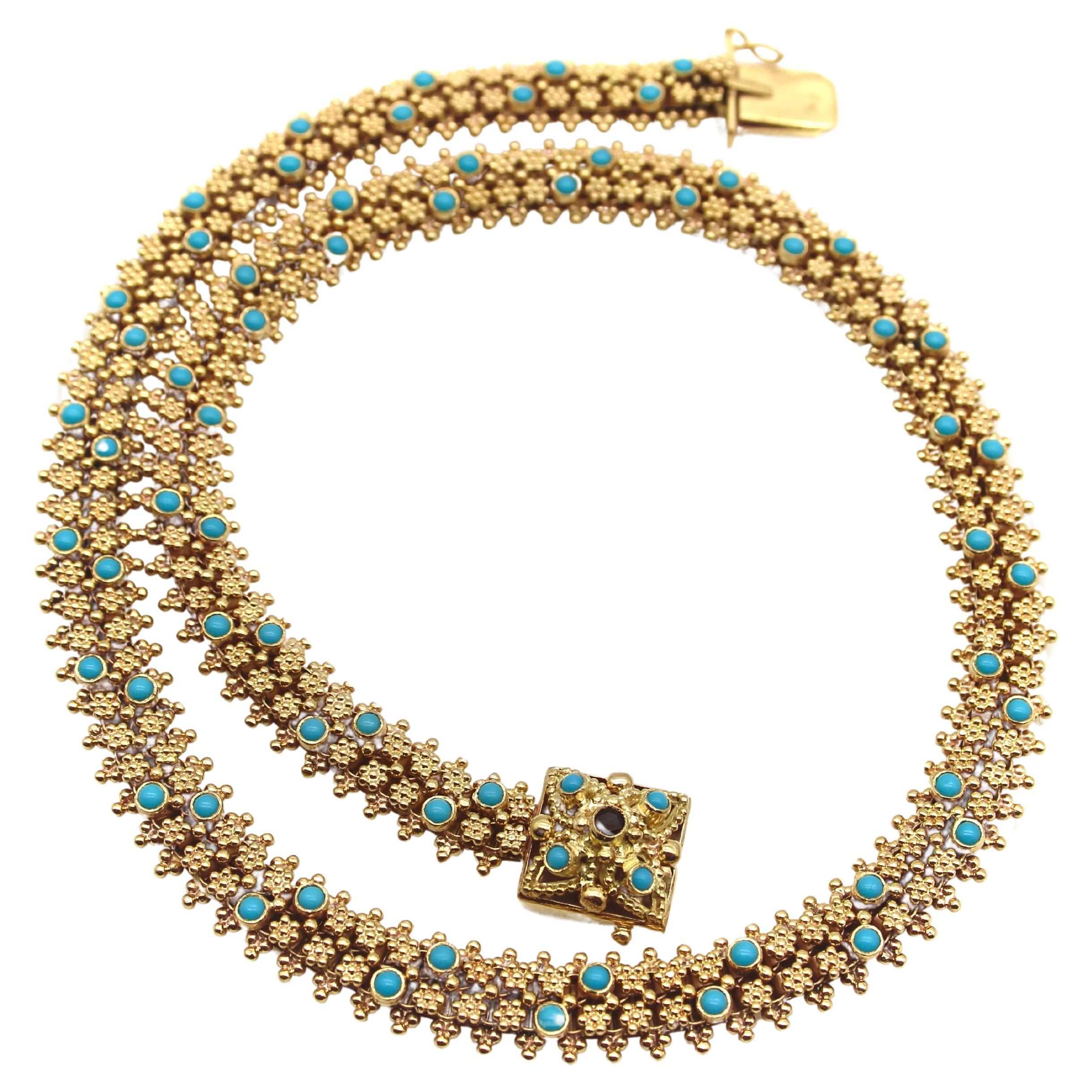 Etruscan Revival Portuguese Cannetille 19.2K Gold & Turquoise Necklace For Sale