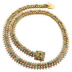 Portugiesische Cannetille-Halskette aus 19.2 Karat Gold und Türkis im etruskischen Revival-Stil