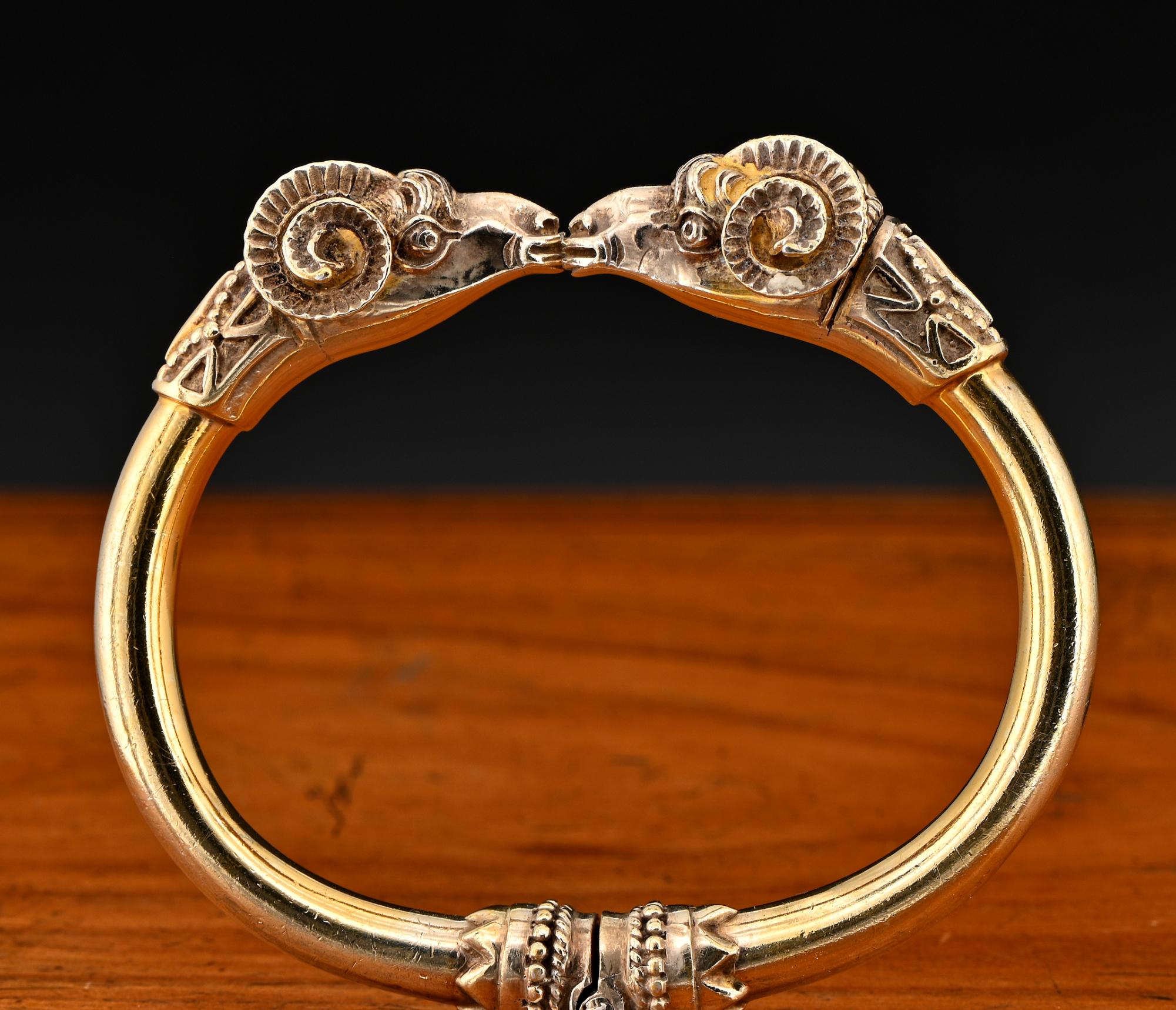 Past Marvels Revealed
This outstanding antique Ram’s head bangle is a fine representation of the Etruscan revival made during 1880 ca
It has been hand crafted of solid 18 KT gold with 50.00 grams weight
Superb realistically done, like the real ones,
