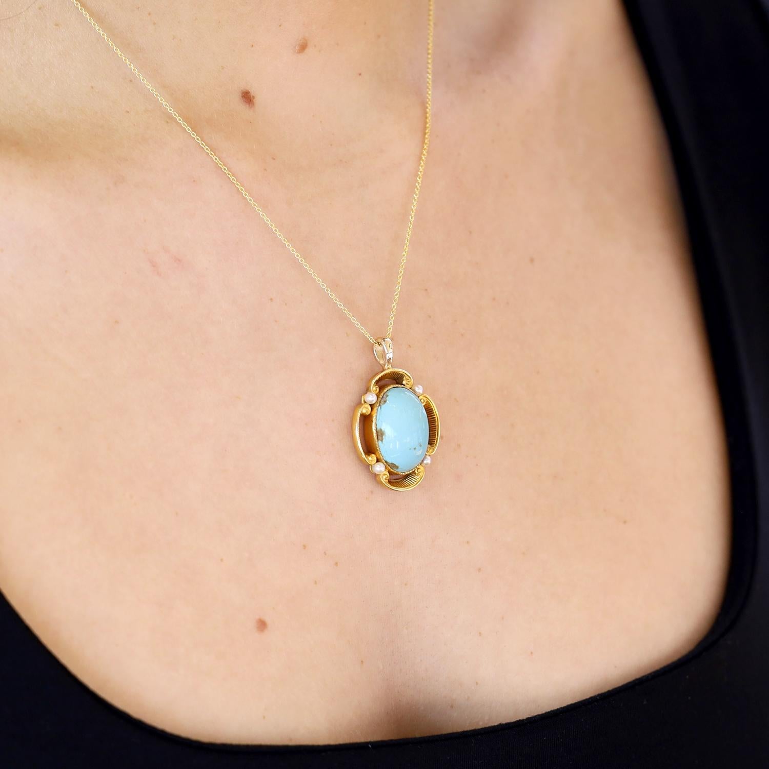 Cabochon Etruscan Revival Robin's Egg Blue Turquoise and Pearl Necklace For Sale