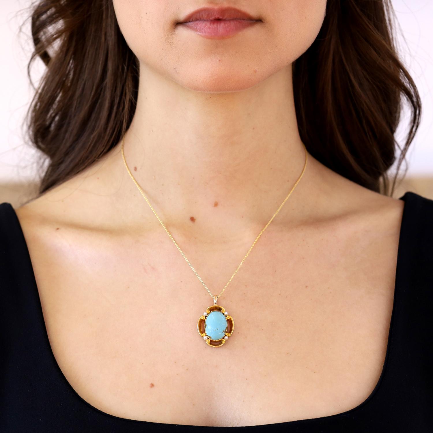 Etruscan Revival Robin's Egg Blue Turquoise and Pearl Necklace In Good Condition For Sale In Santa Barbara, CA