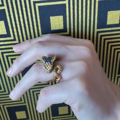 Etruscan Revival Sculpted Cobra Ring in 18kt Yellow Gold with Color Enamel