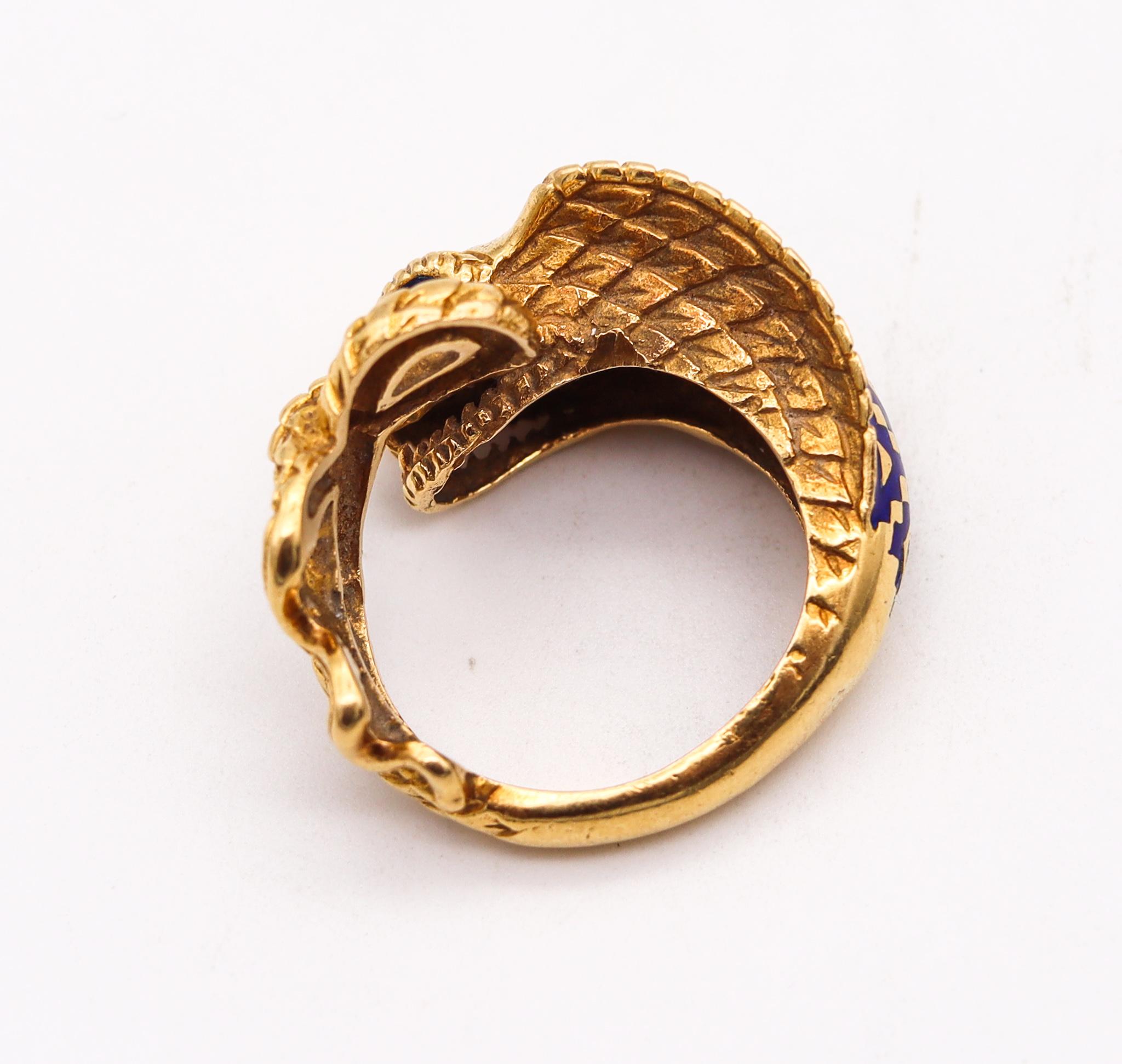 Etruscan Revival Sculpted Cobra Ring in 18kt Yellow Gold with Color Enamel In Excellent Condition For Sale In Miami, FL