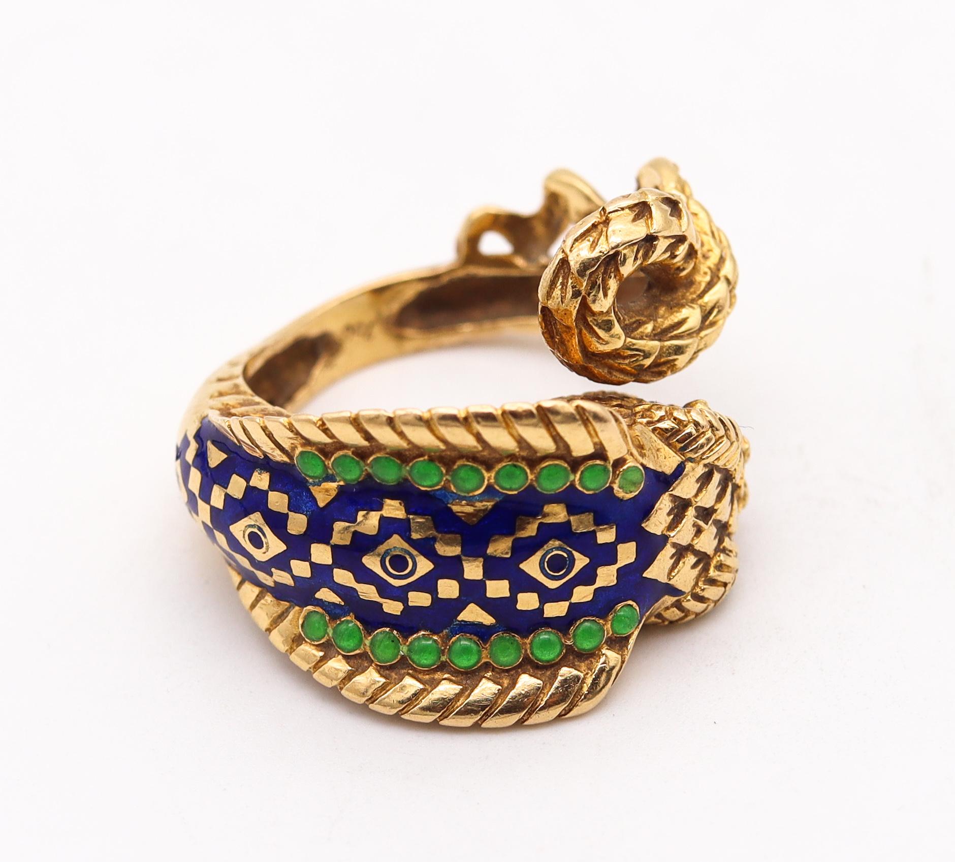 Women's or Men's Etruscan Revival Sculpted Cobra Ring in 18kt Yellow Gold with Color Enamel For Sale