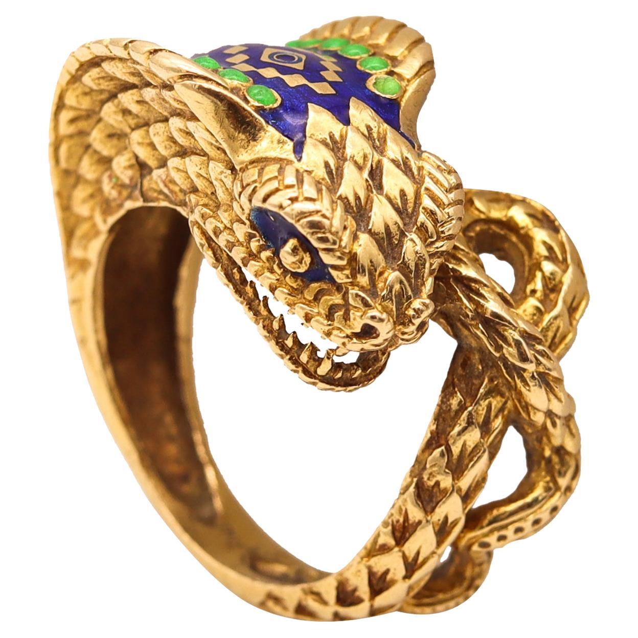 Etruscan Revival Sculpted Cobra Ring in 18kt Yellow Gold with Color Enamel For Sale