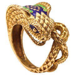 Vintage Etruscan Revival Sculpted Cobra Ring in 18kt Yellow Gold with Color Enamel