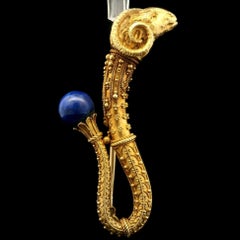 Etruscan Revival Solid Yellow Gold Lapis Wire & Bead Work Ram's Head Pin Brooch