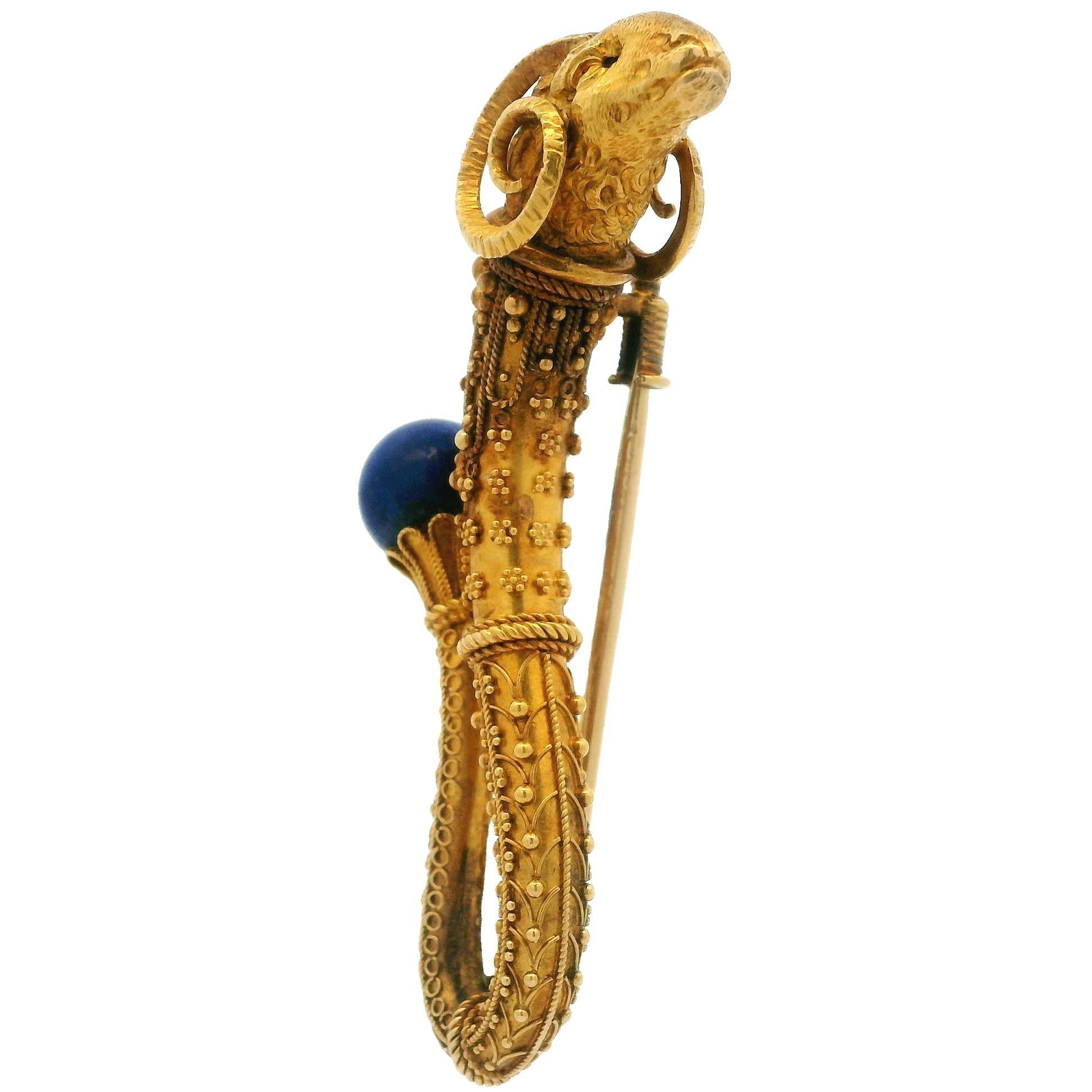 Etruscan Revival massivem Gelbgold Lapis Draht & Perlen Arbeit Widderkopf Pin Brosche im Angebot 2