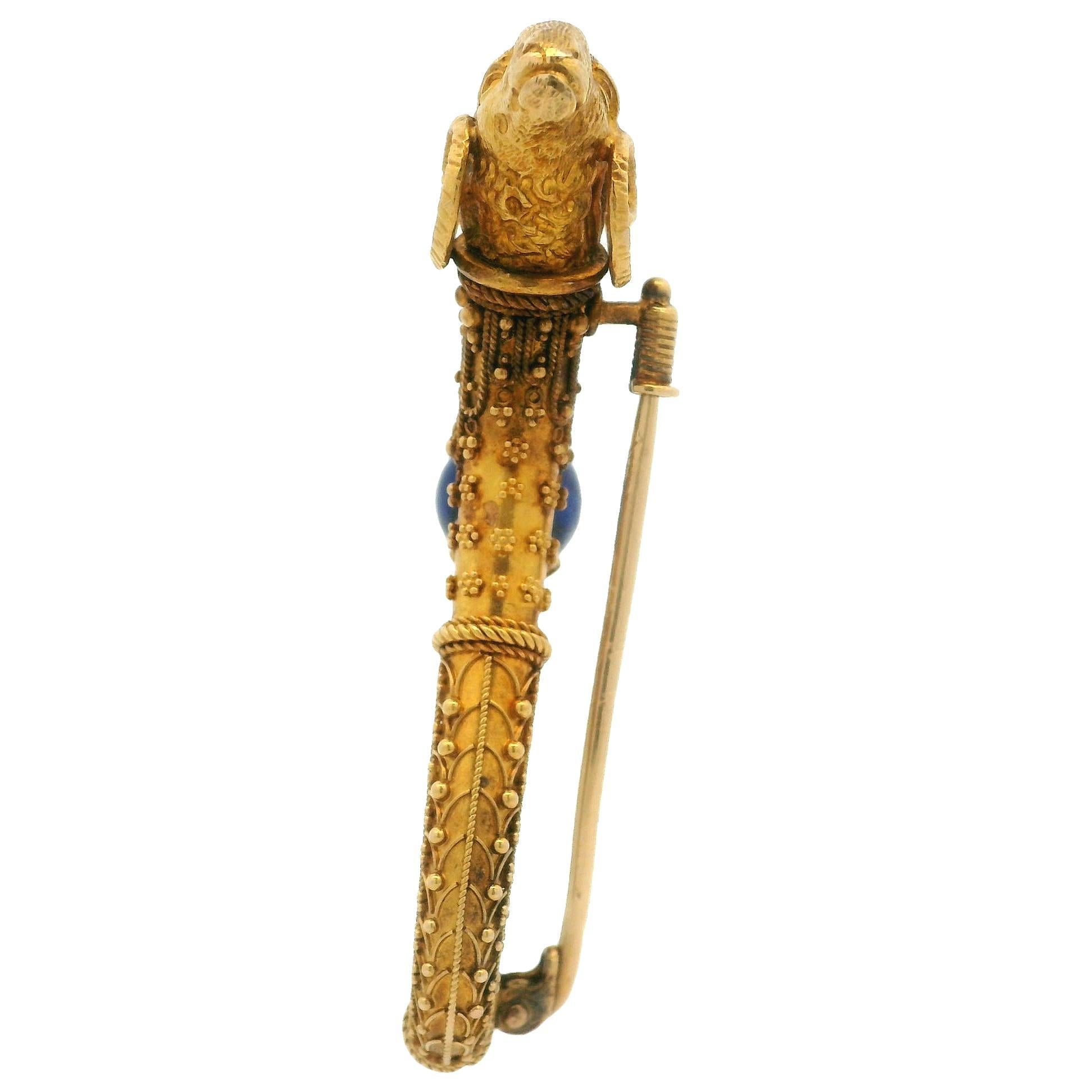 Etruscan Revival massivem Gelbgold Lapis Draht & Perlen Arbeit Widderkopf Pin Brosche im Angebot 3