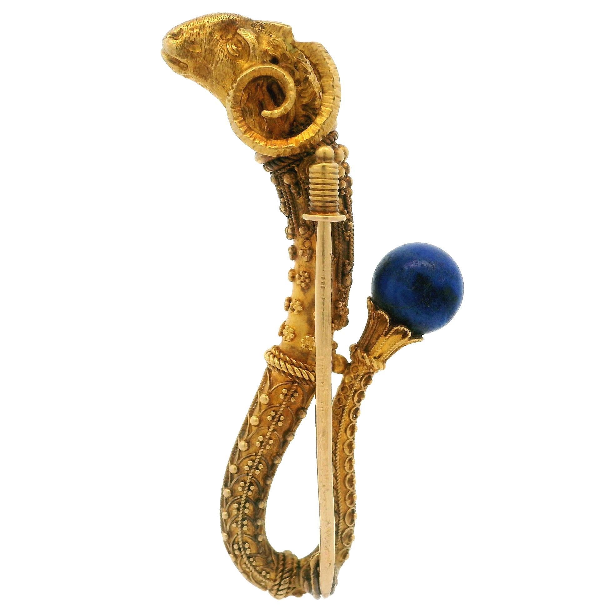 Etruscan Revival massivem Gelbgold Lapis Draht & Perlen Arbeit Widderkopf Pin Brosche im Angebot 4
