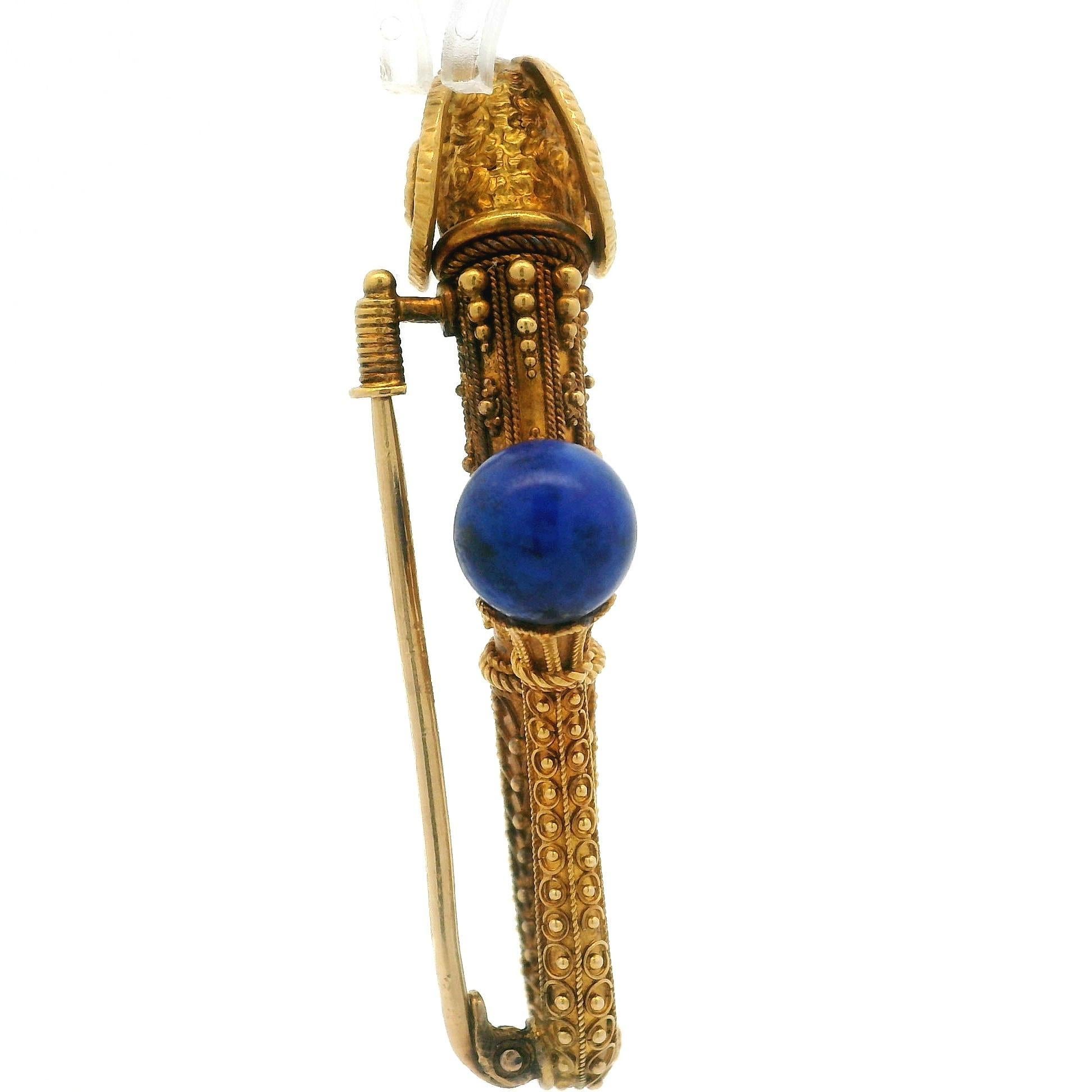 Etruscan Revival massivem Gelbgold Lapis Draht & Perlen Arbeit Widderkopf Pin Brosche im Angebot 5
