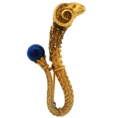 Etruscan Revival Solid Yellow Gold Lapis Wire & Bead Work Ram's Head Pin Brooch