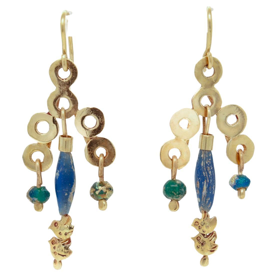 14k Gold- und Glasperlen-Tropfen-Ohrringe im etruskischen Revival-Stil von Resia Schor (Neoetruskisch) im Angebot