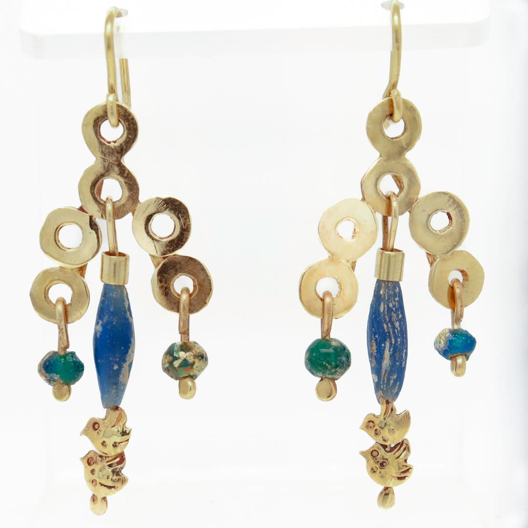 Women's Etruscan Revival Style 14k Gold & Glass Bead Drop Earrings by Resia Schor For Sale