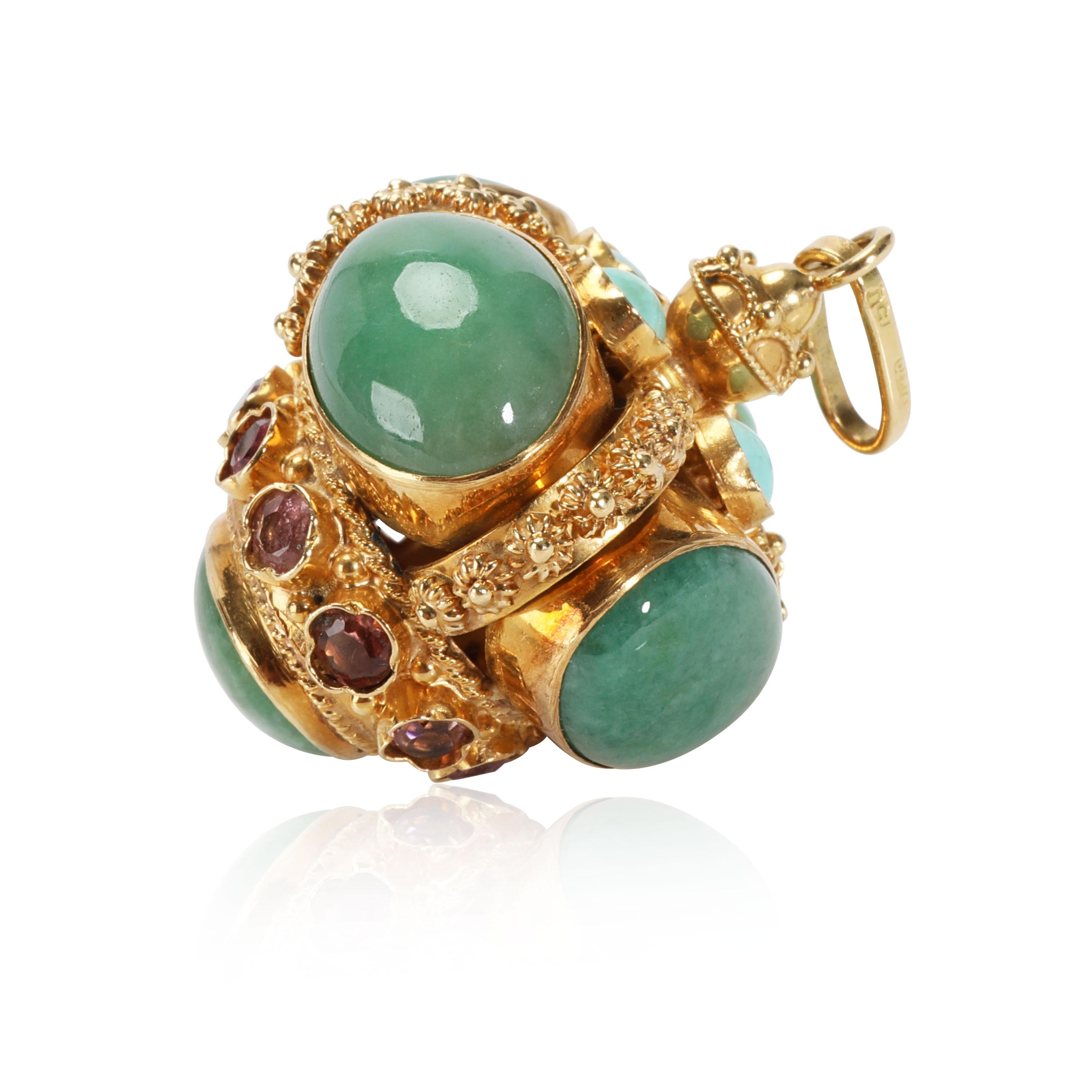Etruscan Revival Style Charm Pendant, Jade, Turquoise & Pink Sapphires in Gold In Excellent Condition In New York, NY
