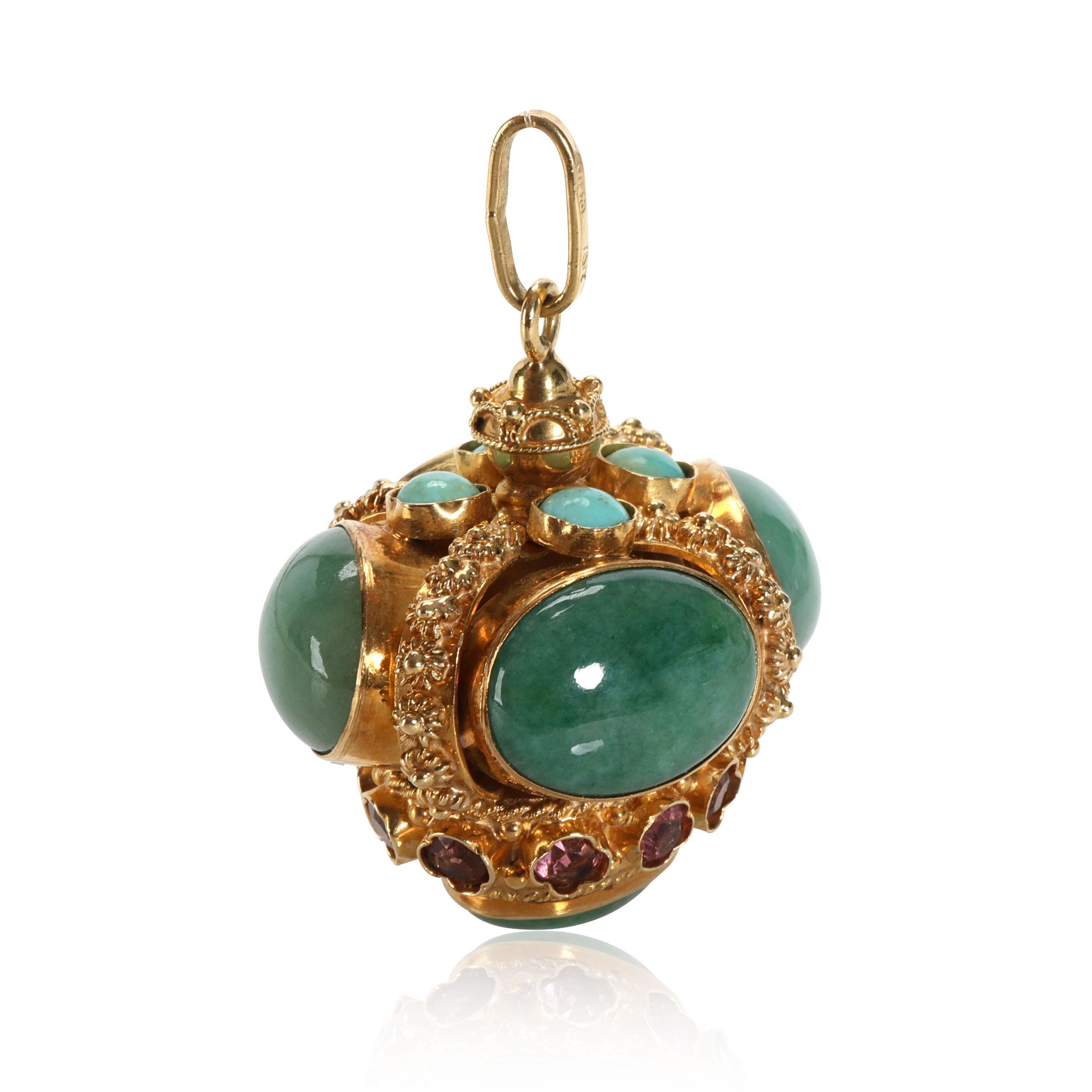 Women's or Men's Etruscan Revival Style Charm Pendant, Jade, Turquoise & Pink Sapphires in Gold