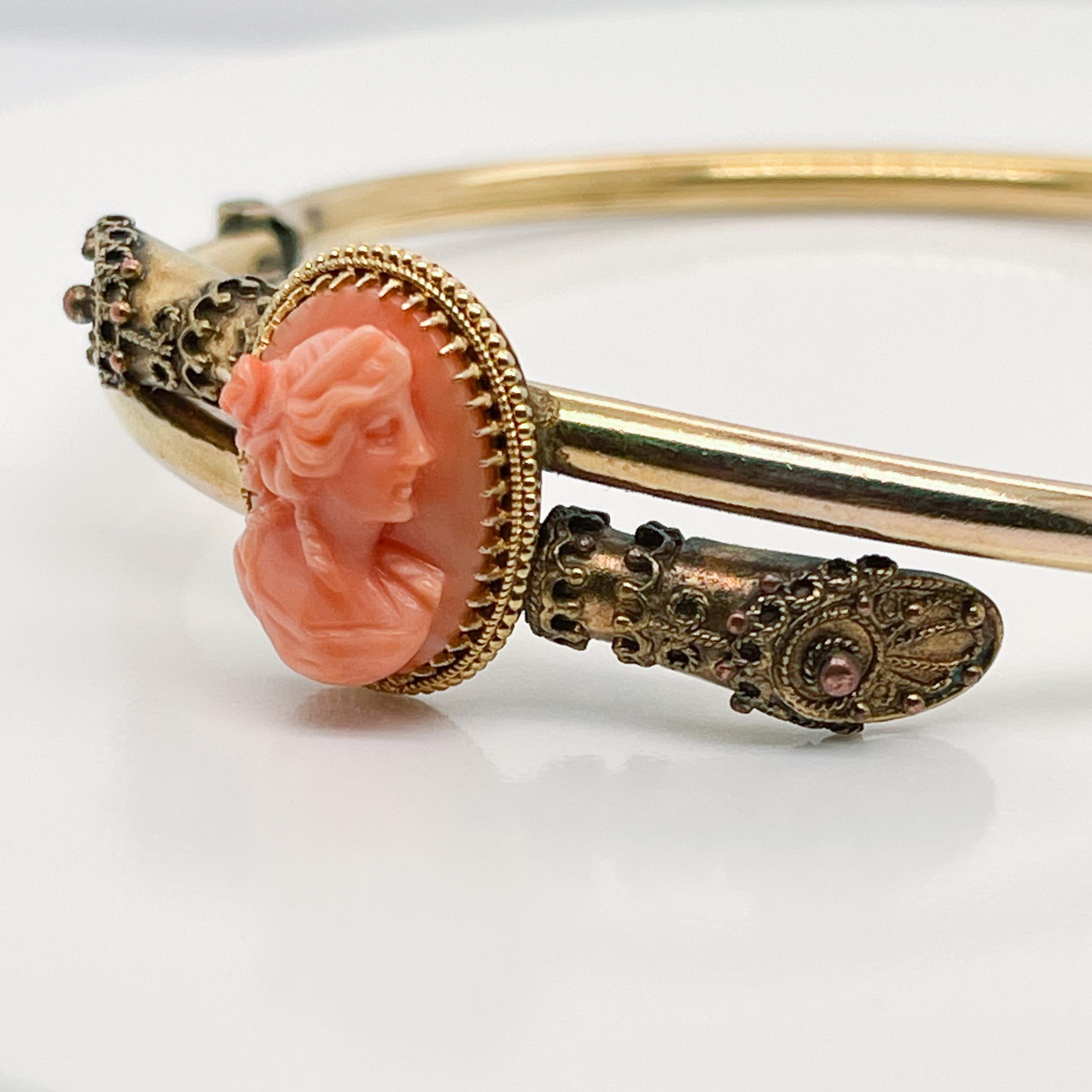 Etruscan Revival Style Gold Filled Bangle Bracelet with a Carved Coral Cameo For Sale 7