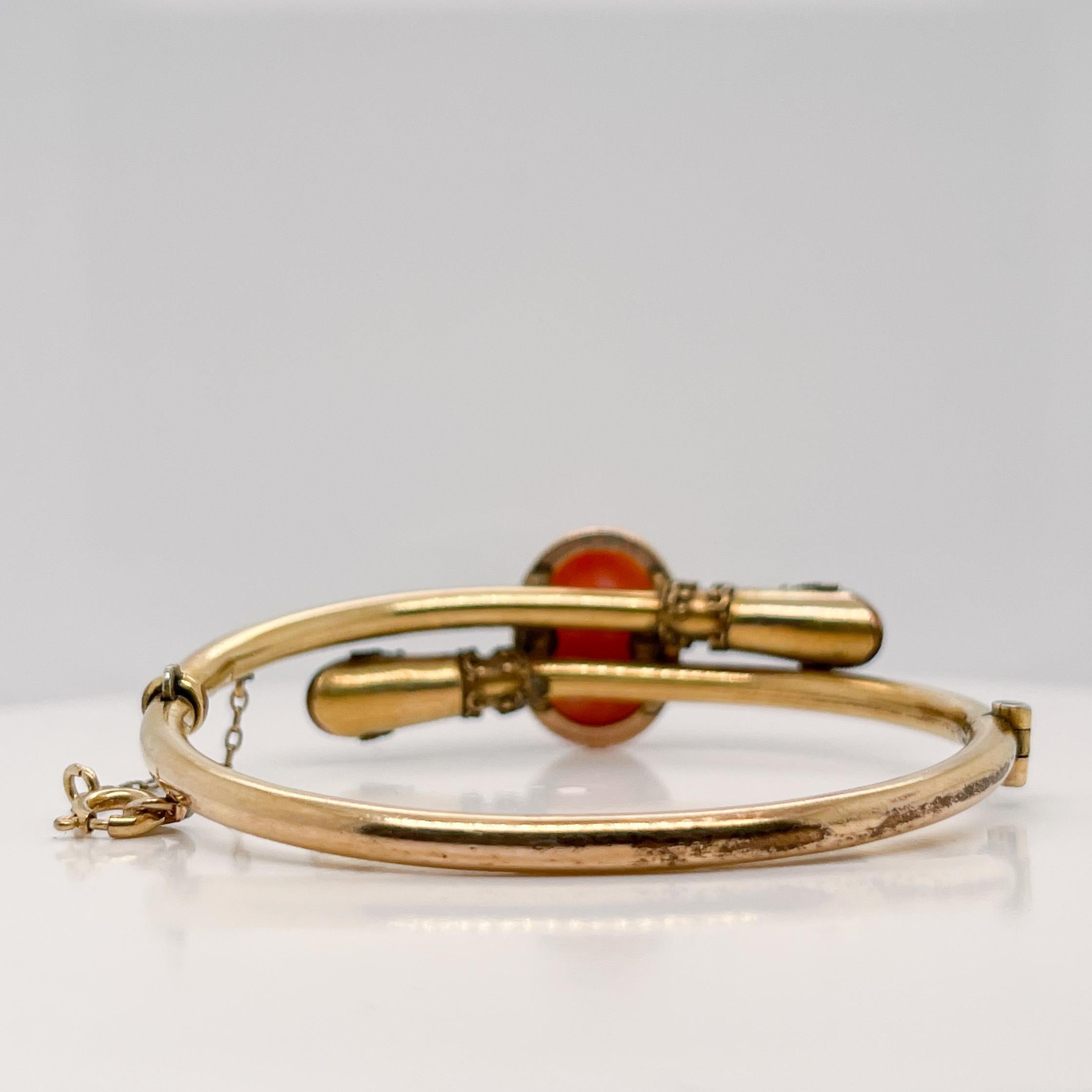 Cabochon Etruscan Revival Style Gold Filled Bangle Bracelet with a Carved Coral Cameo For Sale