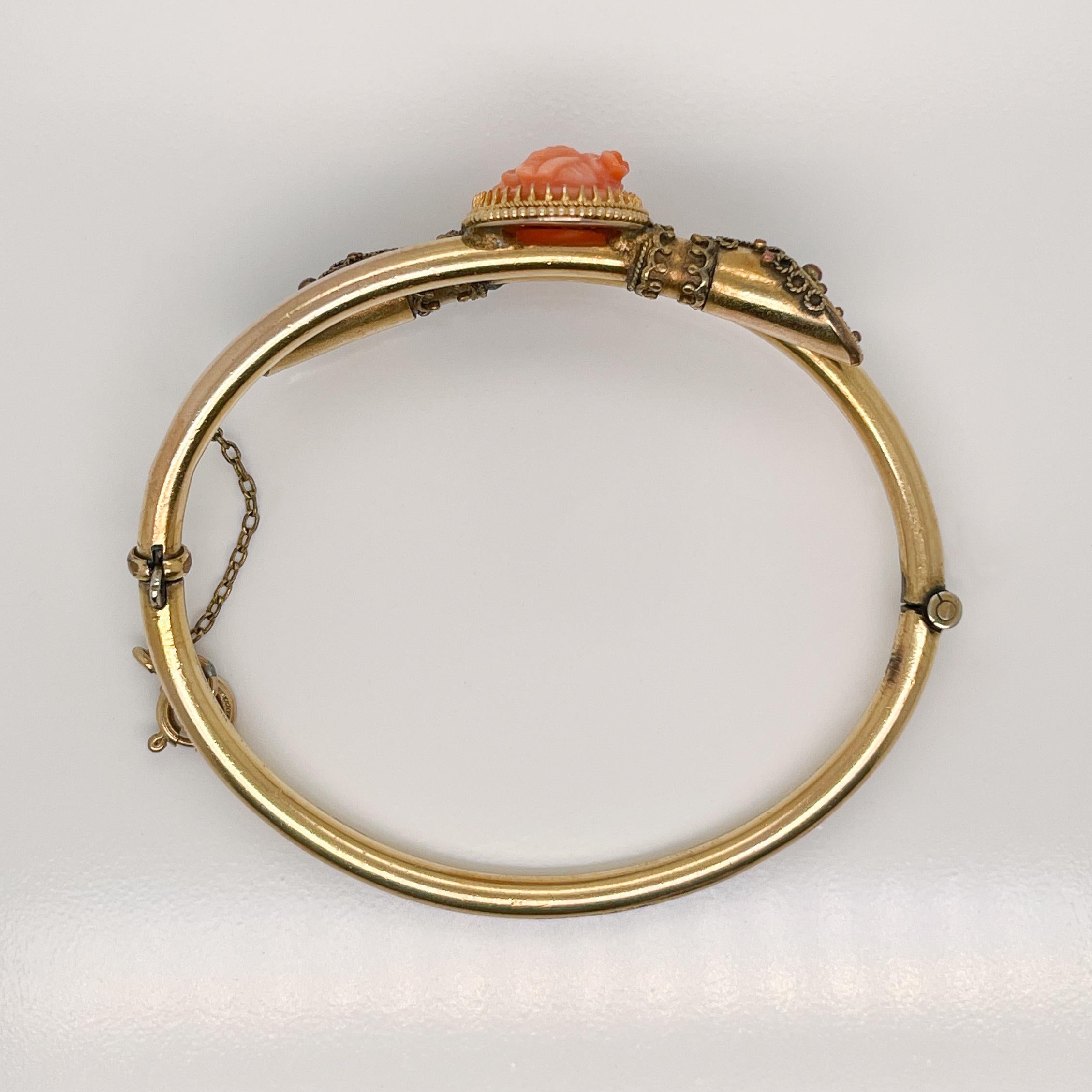 Women's or Men's Etruscan Revival Style Gold Filled Bangle Bracelet with a Carved Coral Cameo For Sale