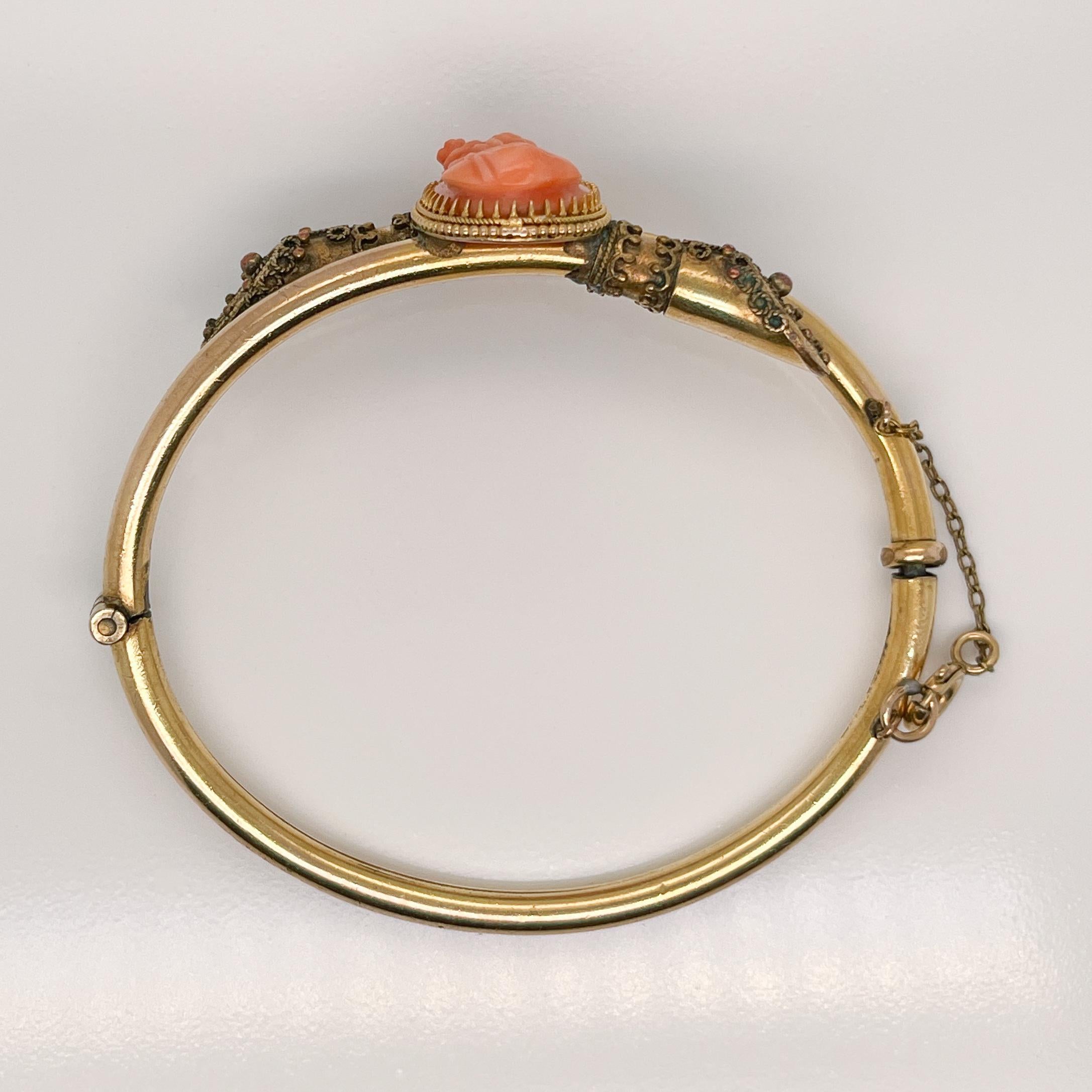 Etruscan Revival Style Gold Filled Bangle Bracelet with a Carved Coral Cameo For Sale 1