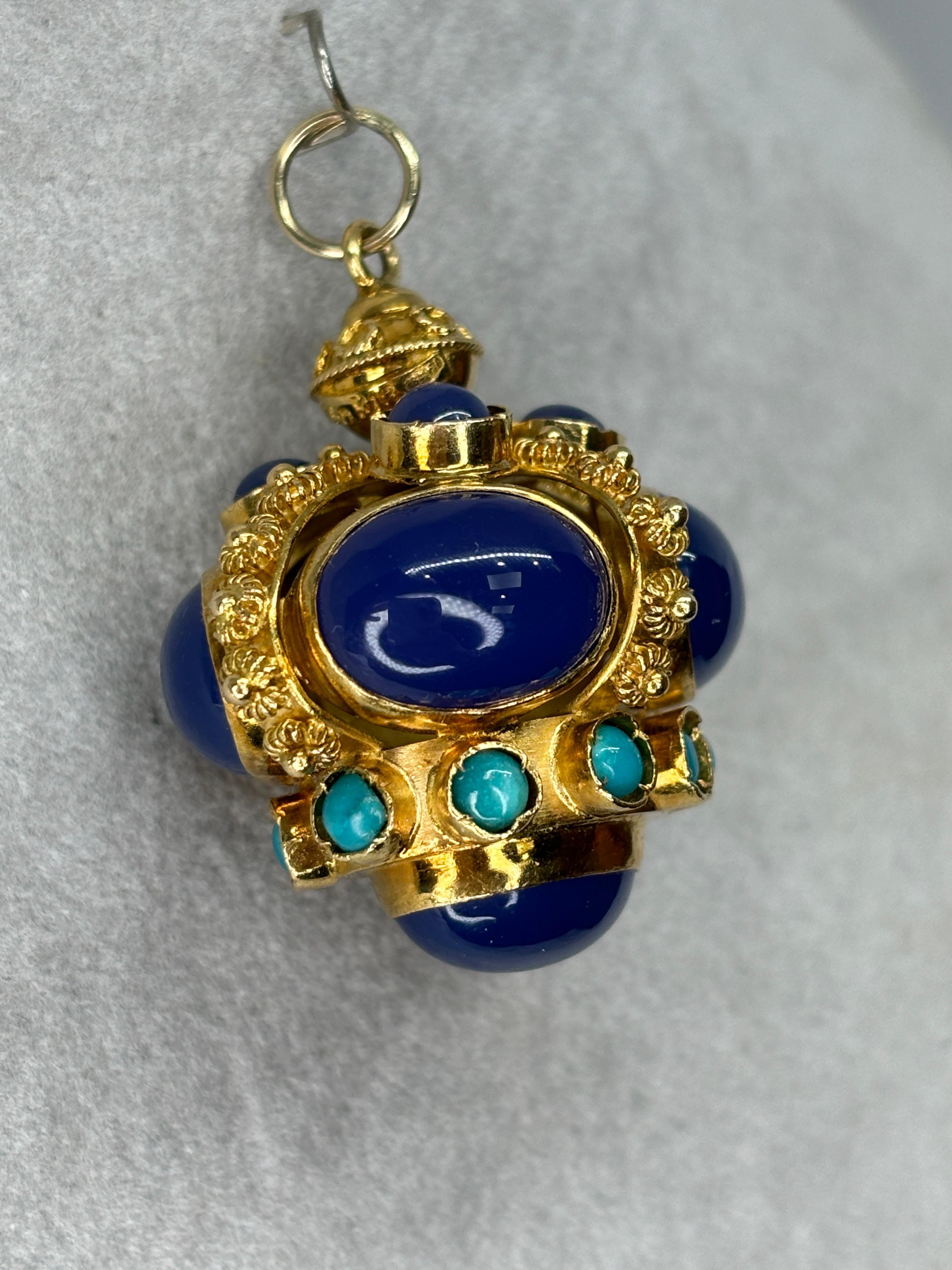 Etruscan Revival Styled 18k Blue Chalcedony Turquoise Watch Fob/Pendant For Sale 5