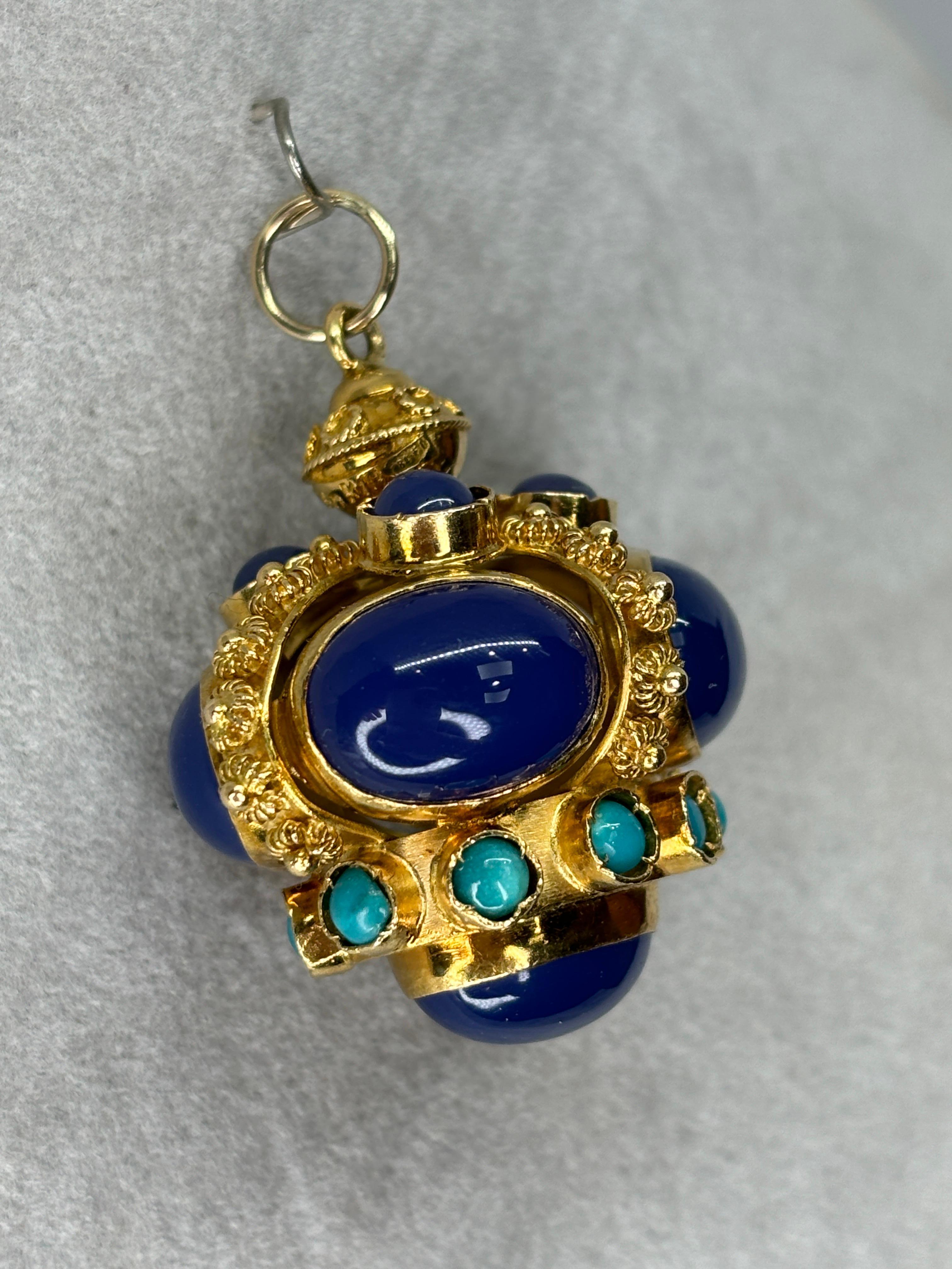 Etruscan Revival Styled 18k Blue Chalcedony Turquoise Watch Fob/Pendant For Sale 6