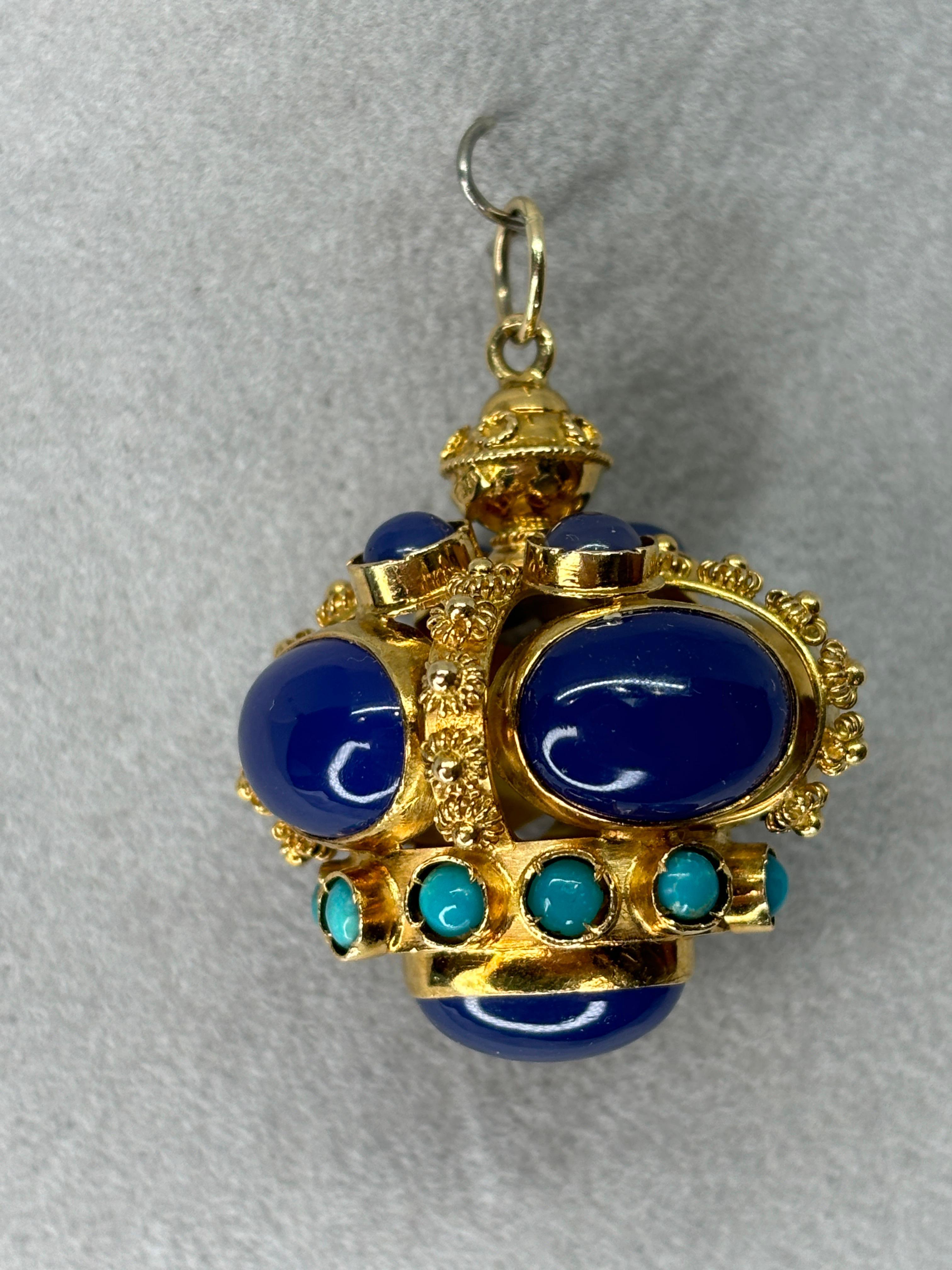 Etruscan Revival Styled 18k Blue Chalcedony Turquoise Watch Fob/Pendant For Sale 8