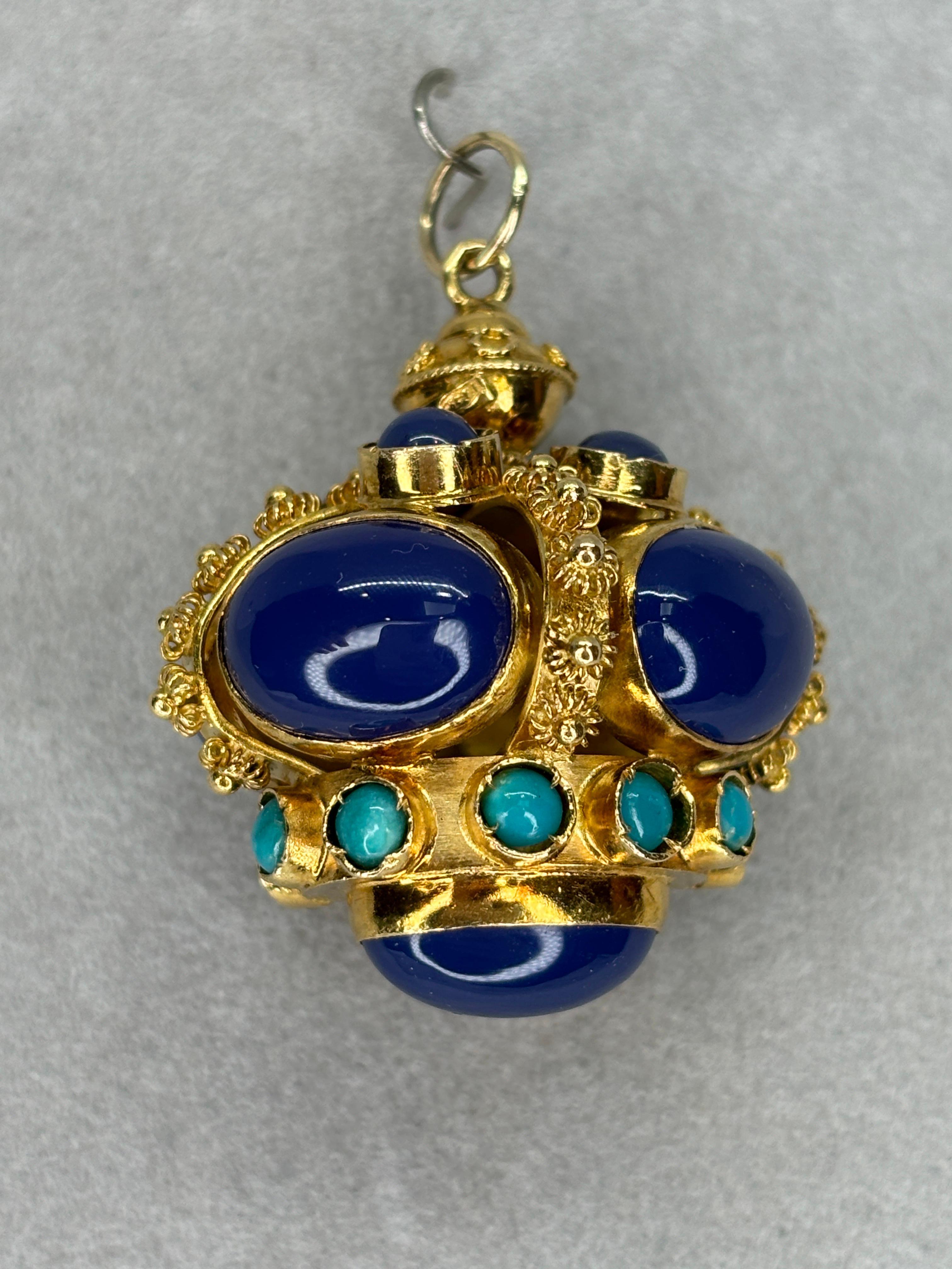 Etruscan Revival Styled 18k Blue Chalcedony Turquoise Watch Fob/Pendant For Sale 9