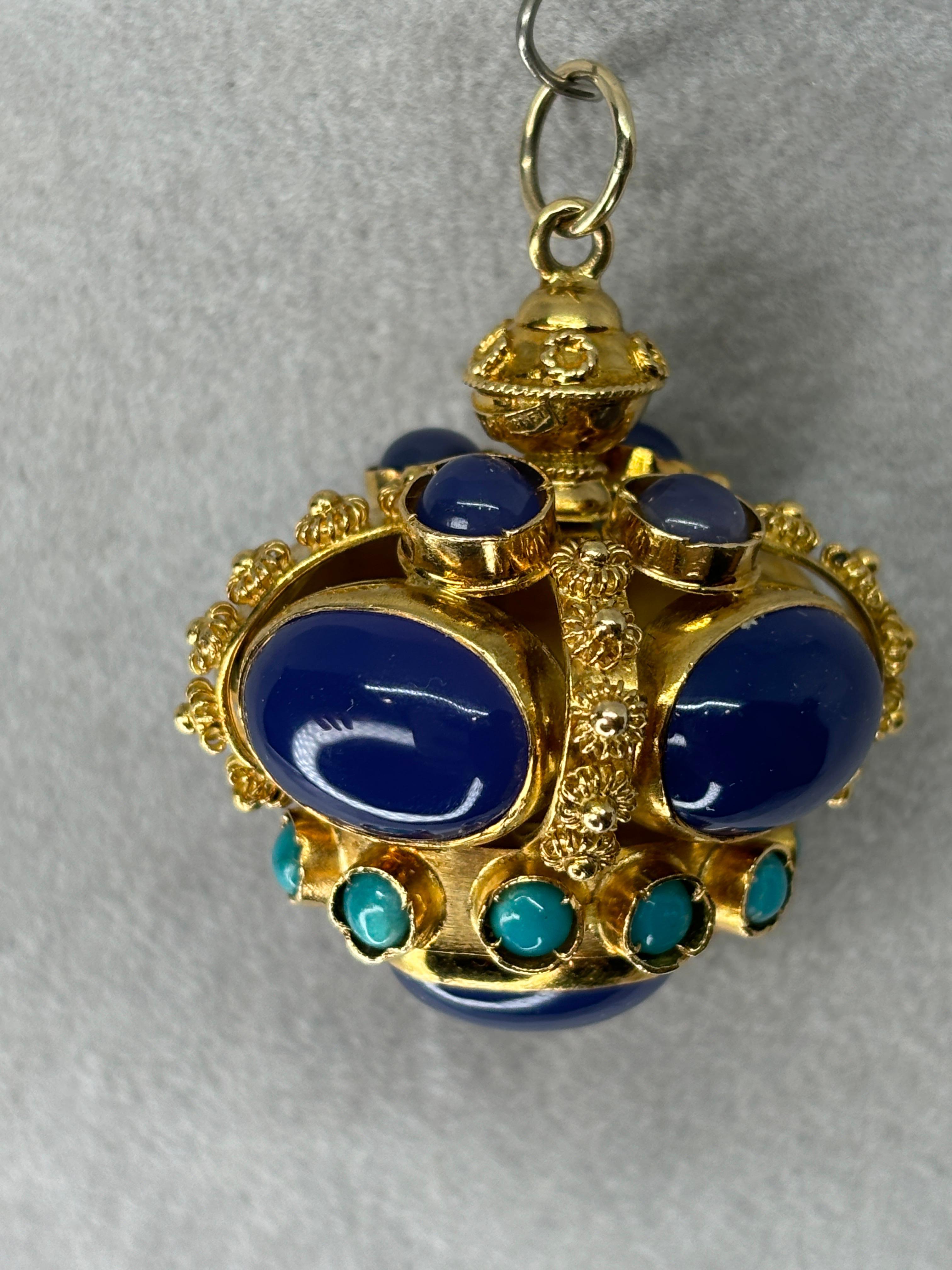 Etruscan Revival Styled 18k Blue Chalcedony Turquoise Watch Fob/Pendant For Sale 10