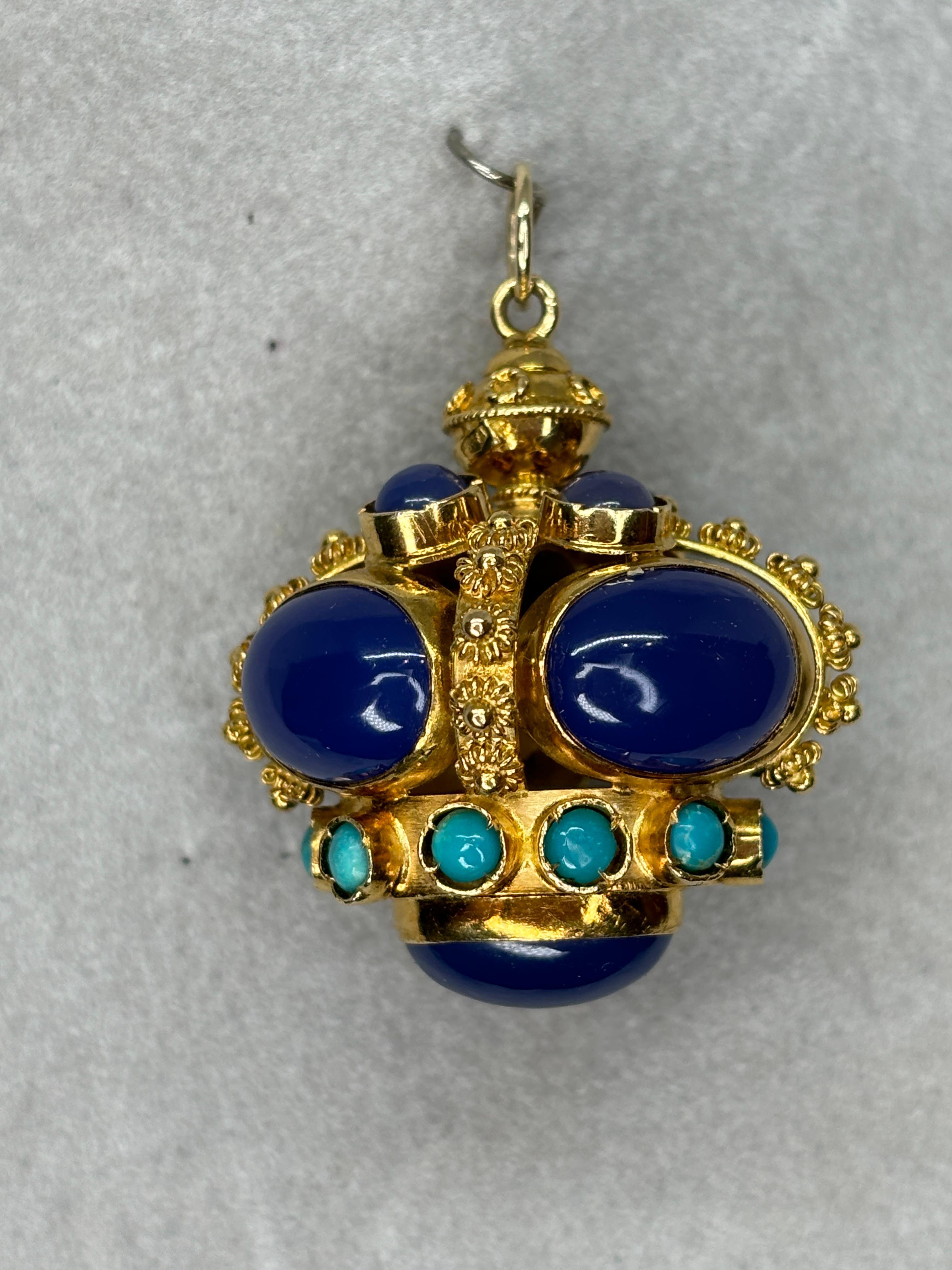 Etruscan Revival Styled 18k Blue Chalcedony Turquoise Watch Fob/Pendant For Sale 11
