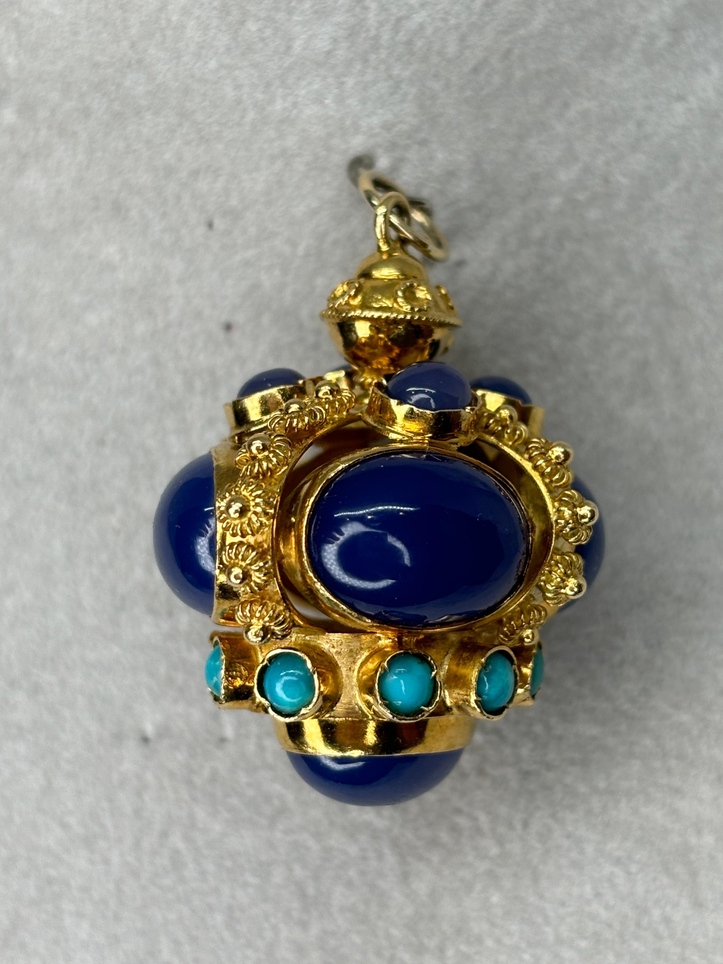 Etruscan Revival Styled 18k Blue Chalcedony Turquoise Watch Fob/Pendant For Sale 13