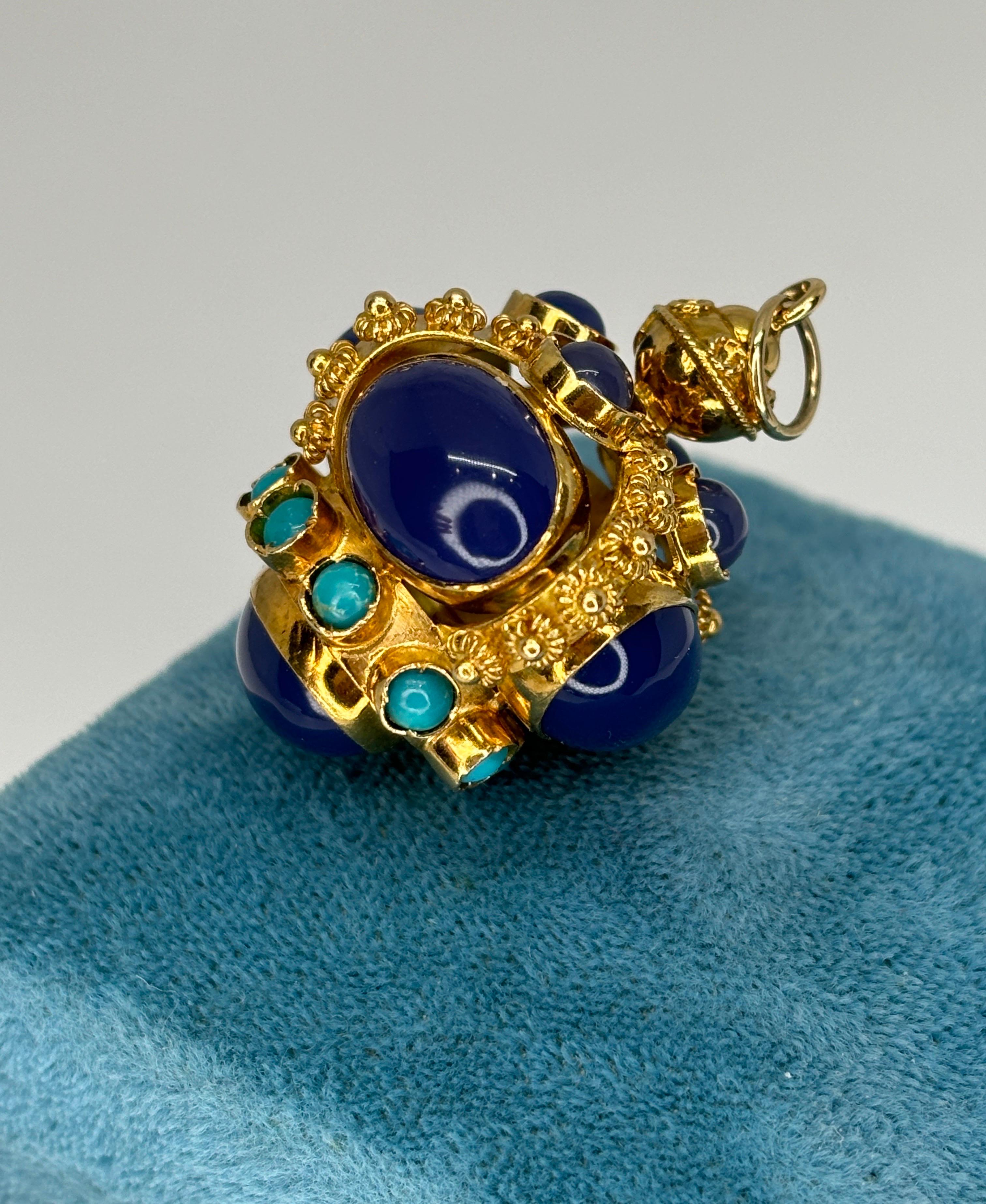 Cabochon Etruscan Revival Styled 18k Blue Chalcedony Turquoise Watch Fob/Pendant For Sale