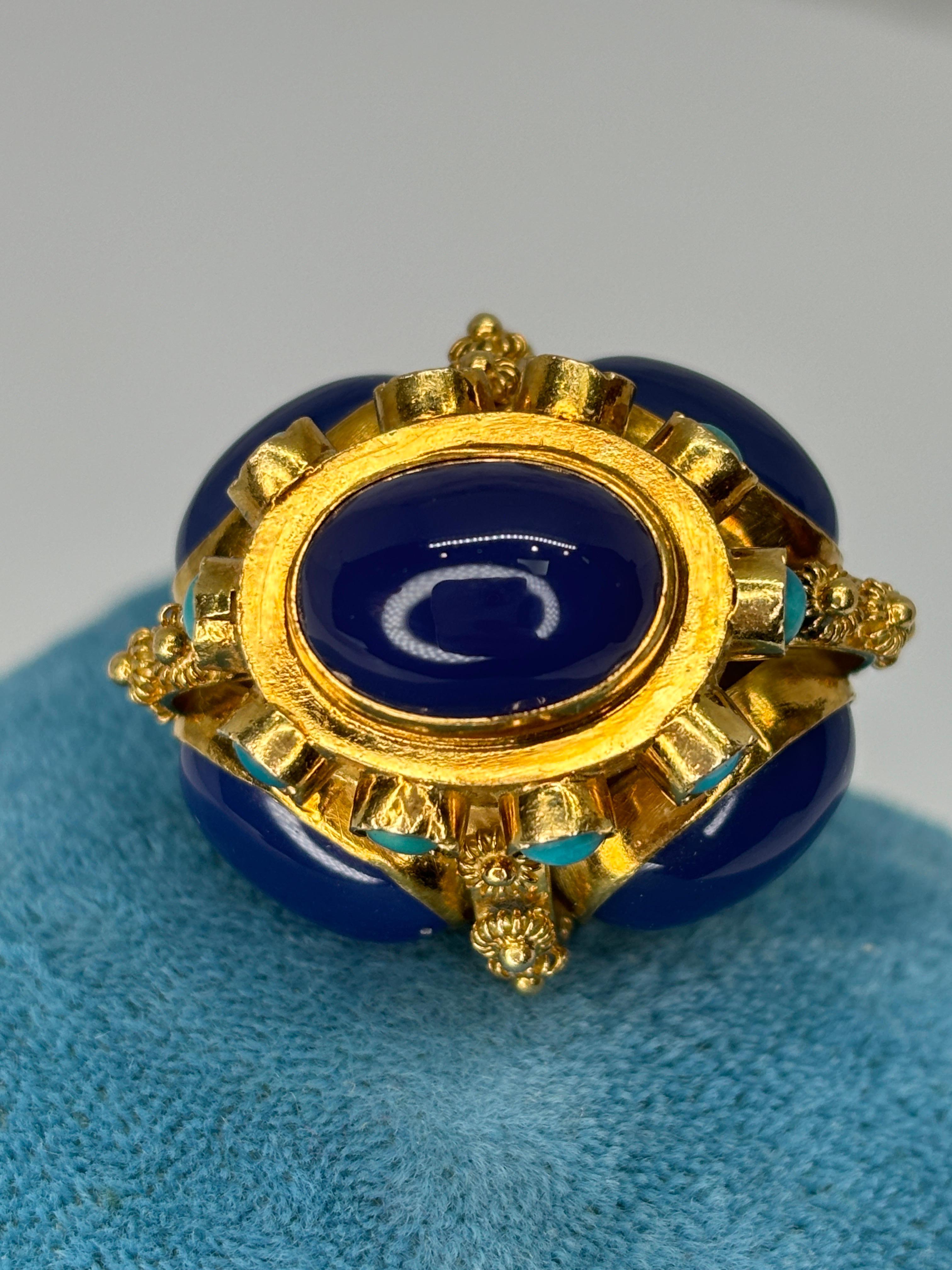 Etruscan Revival Styled 18k Blue Chalcedony Turquoise Watch Fob/Pendant In Good Condition For Sale In Bernardsville, NJ