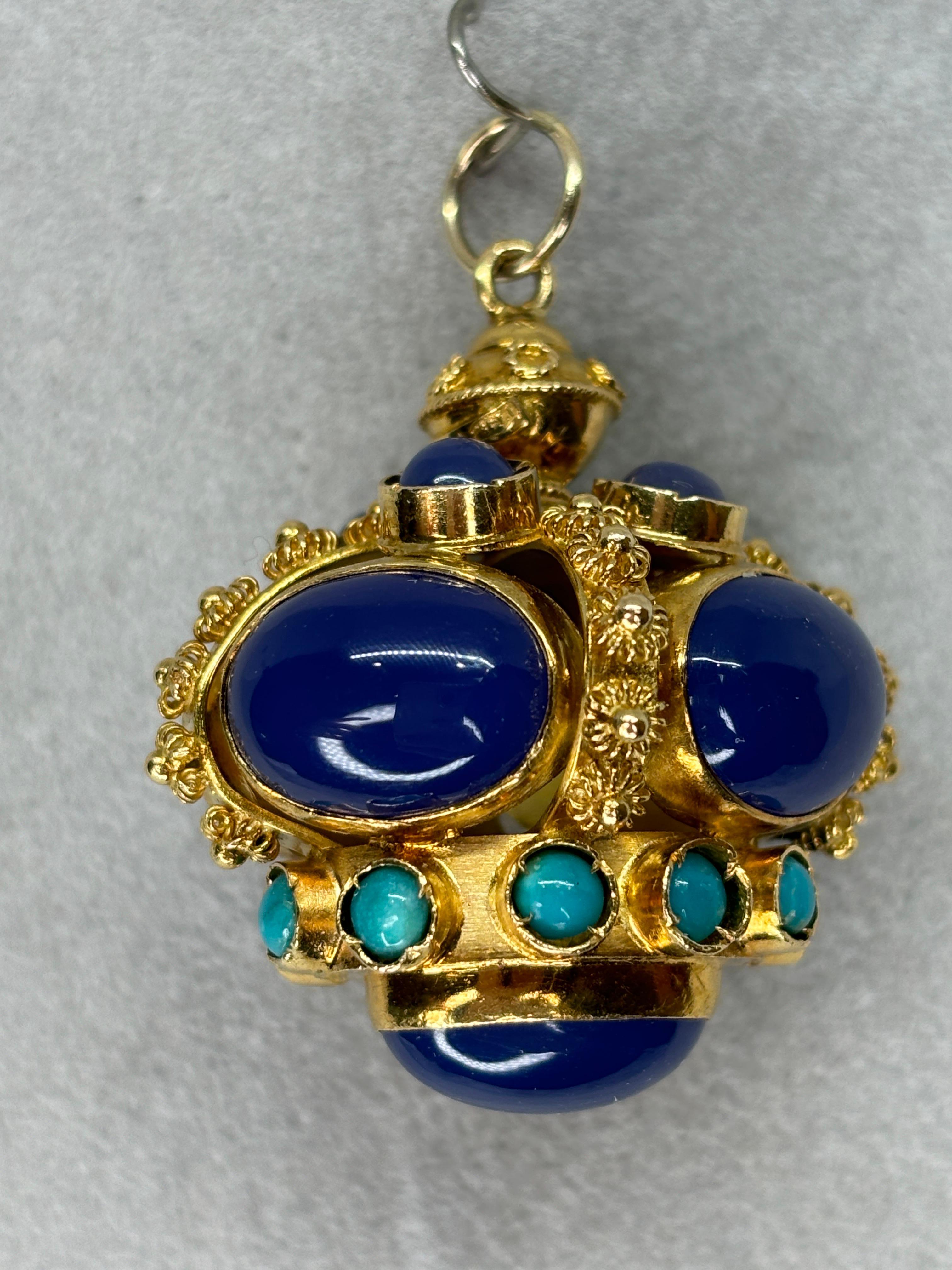 Women's or Men's Etruscan Revival Styled 18k Blue Chalcedony Turquoise Watch Fob/Pendant For Sale